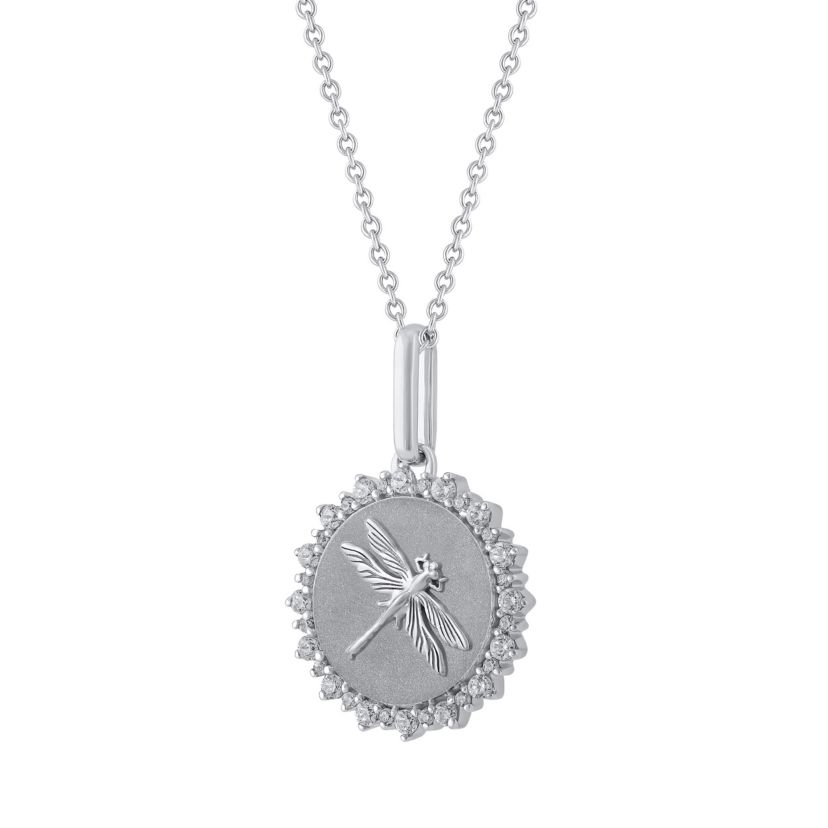 1/4Ctw Medallion Dragon Fly Diamond Pendant in 925 Sterling Silver with 18" Cable Chain