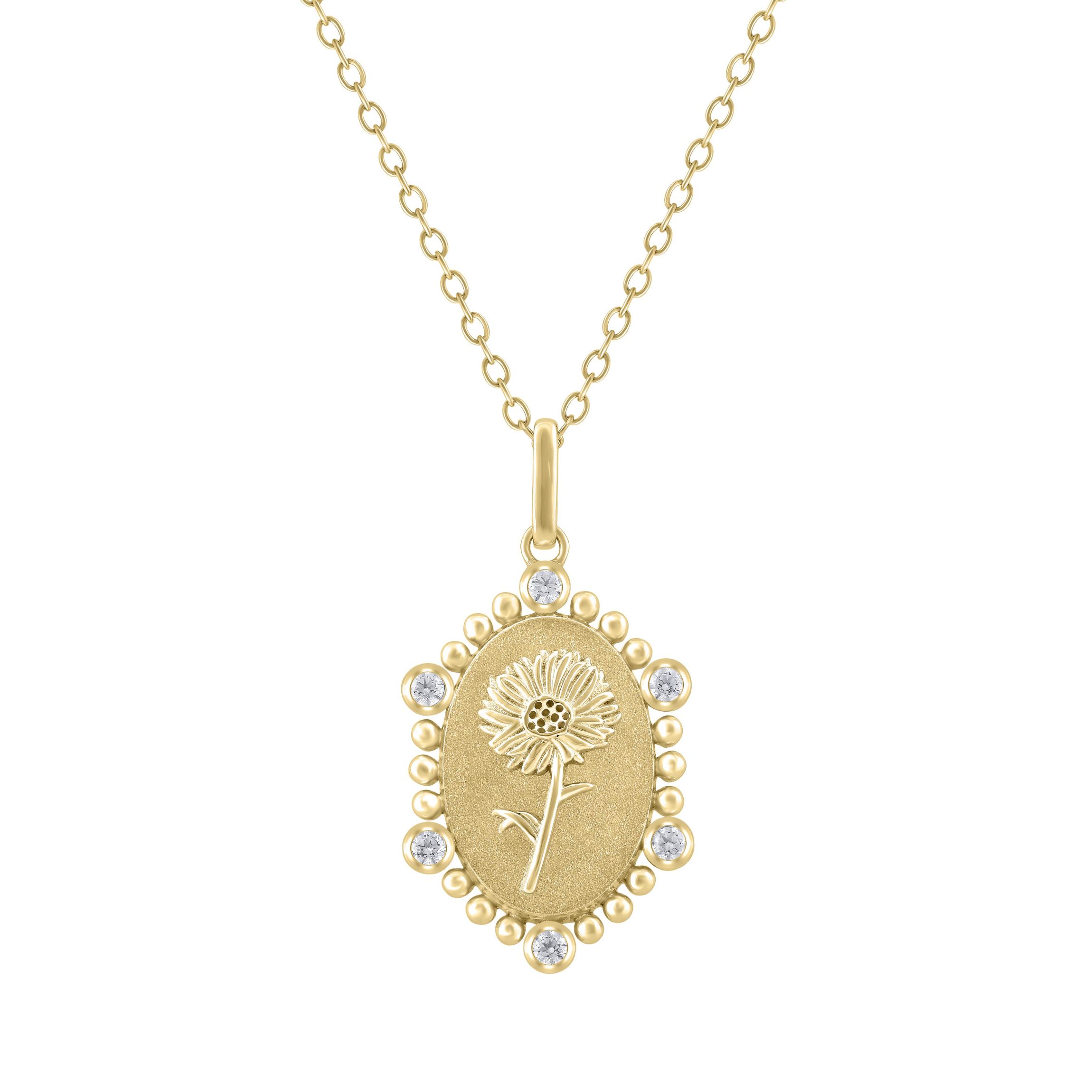 1/10Ctw Birth Flower April Daisy Diamond Pendant in 925 Silver with 18K Yellow Gold Plating 18" Cable Chain