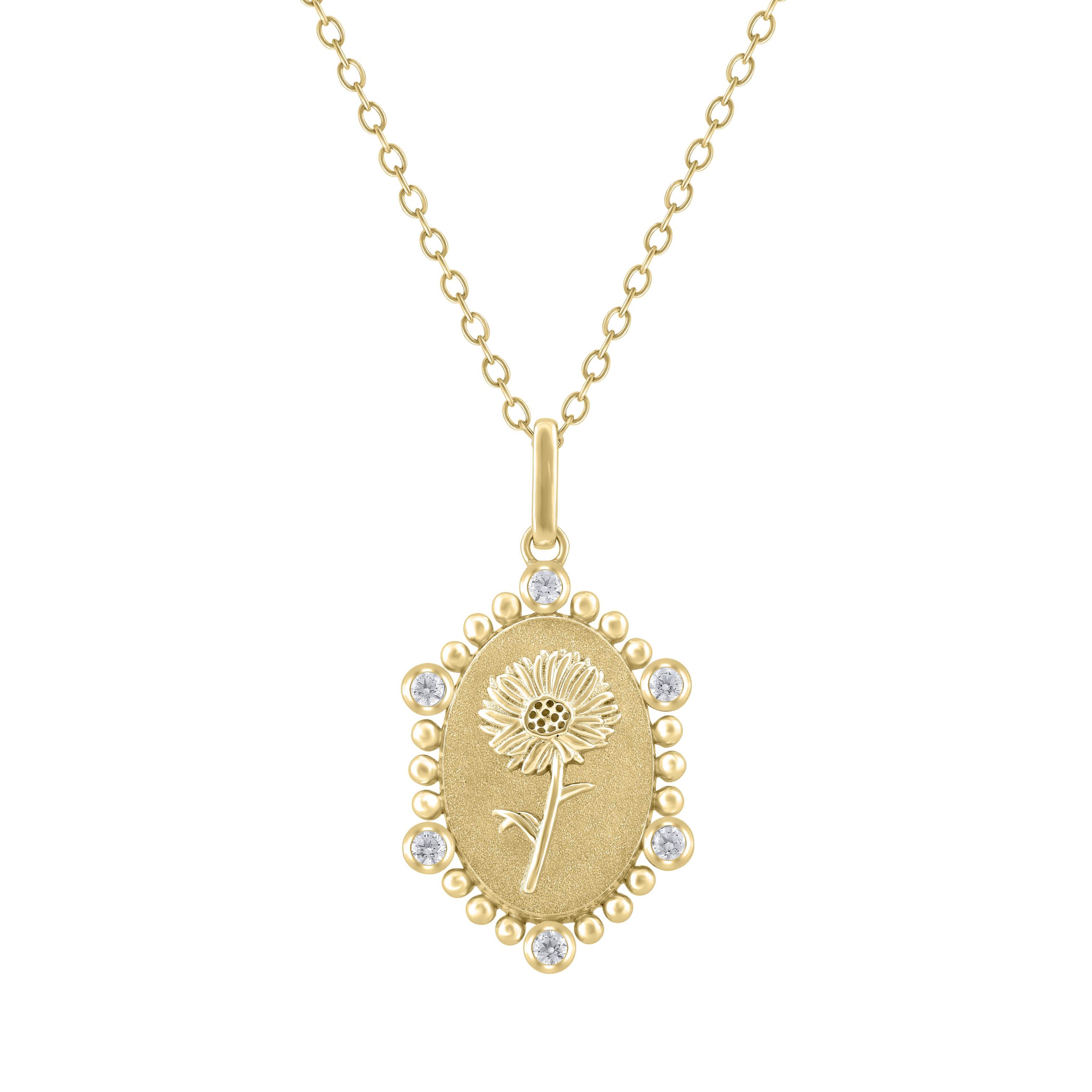 1/10Ctw Birth Flower April Daisy Diamond Pendant in 925 Silver with 18K Yellow Gold Plating 18" Cable Chain