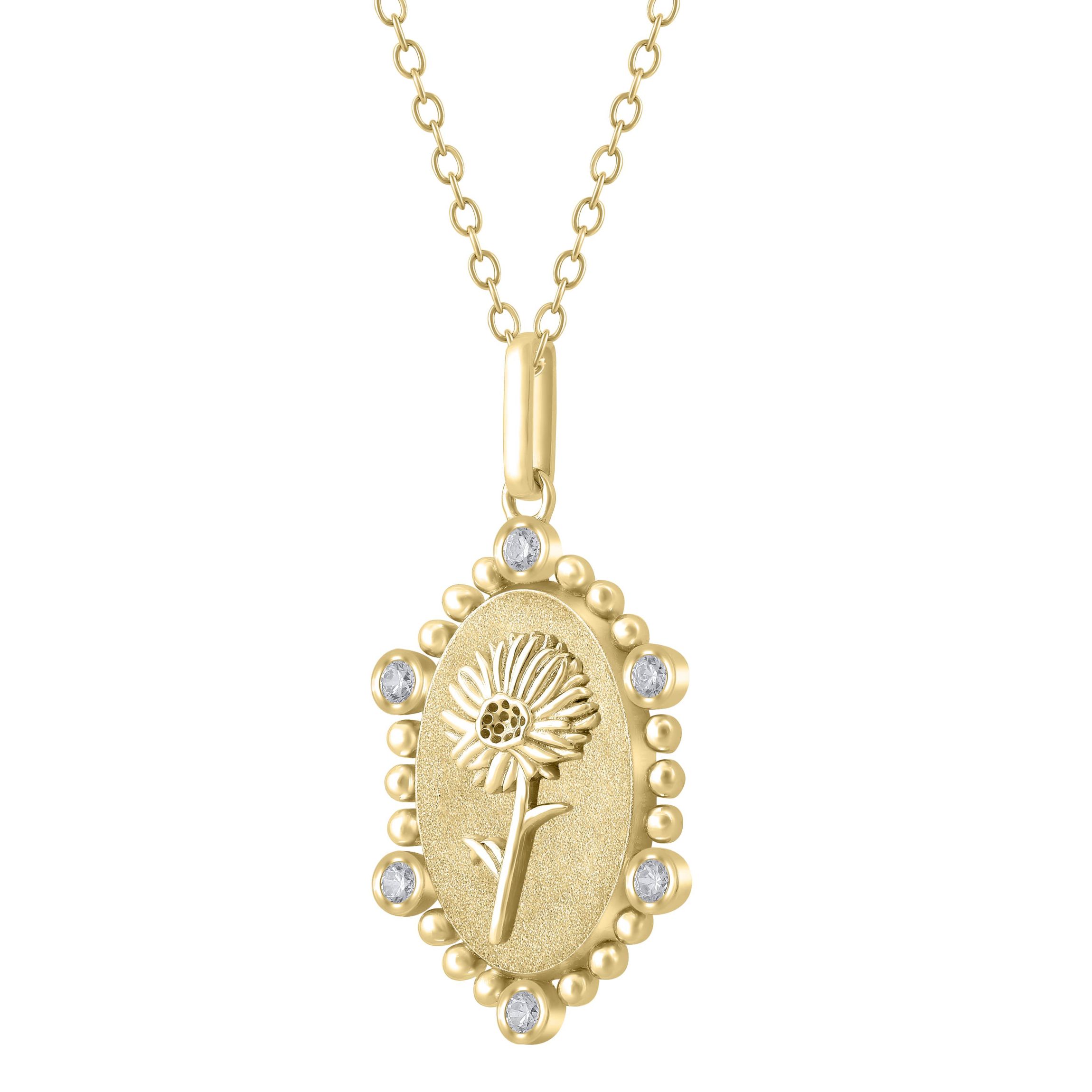1/10Ctw Birth Flower April Daisy Diamond Pendant in 925 Silver with 18K Yellow Gold Plating 18" Cable Chain