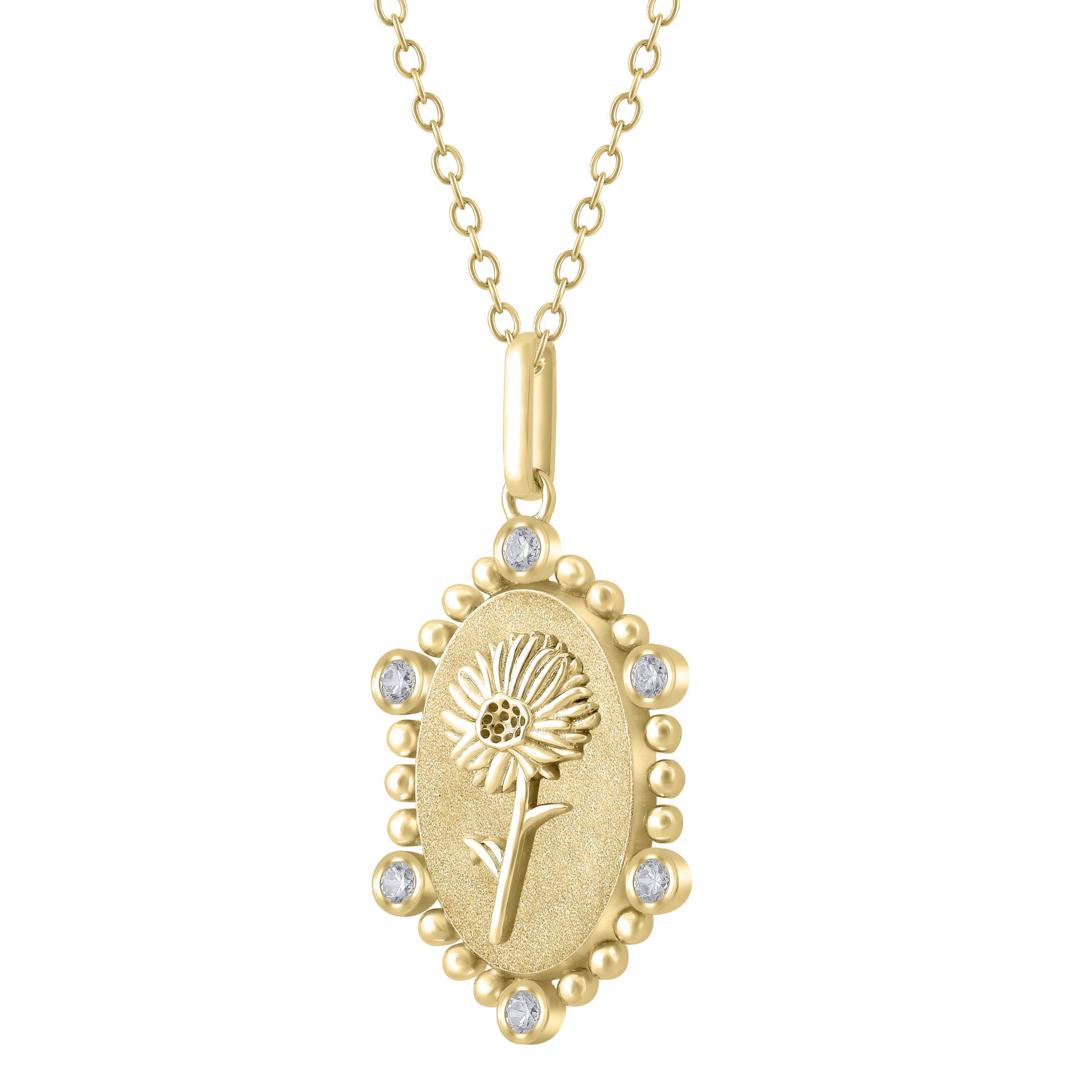 1/10Ctw Birth Flower April Daisy Diamond Pendant in 925 Silver with 18K Yellow Gold Plating 18" Cable Chain