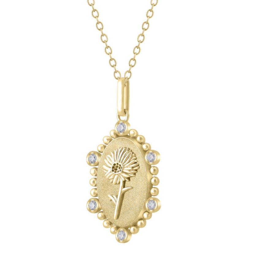1/10Ctw Birth Flower April Daisy Diamond Pendant in 925 Silver with 18K Yellow Gold Plating 18" Cable Chain