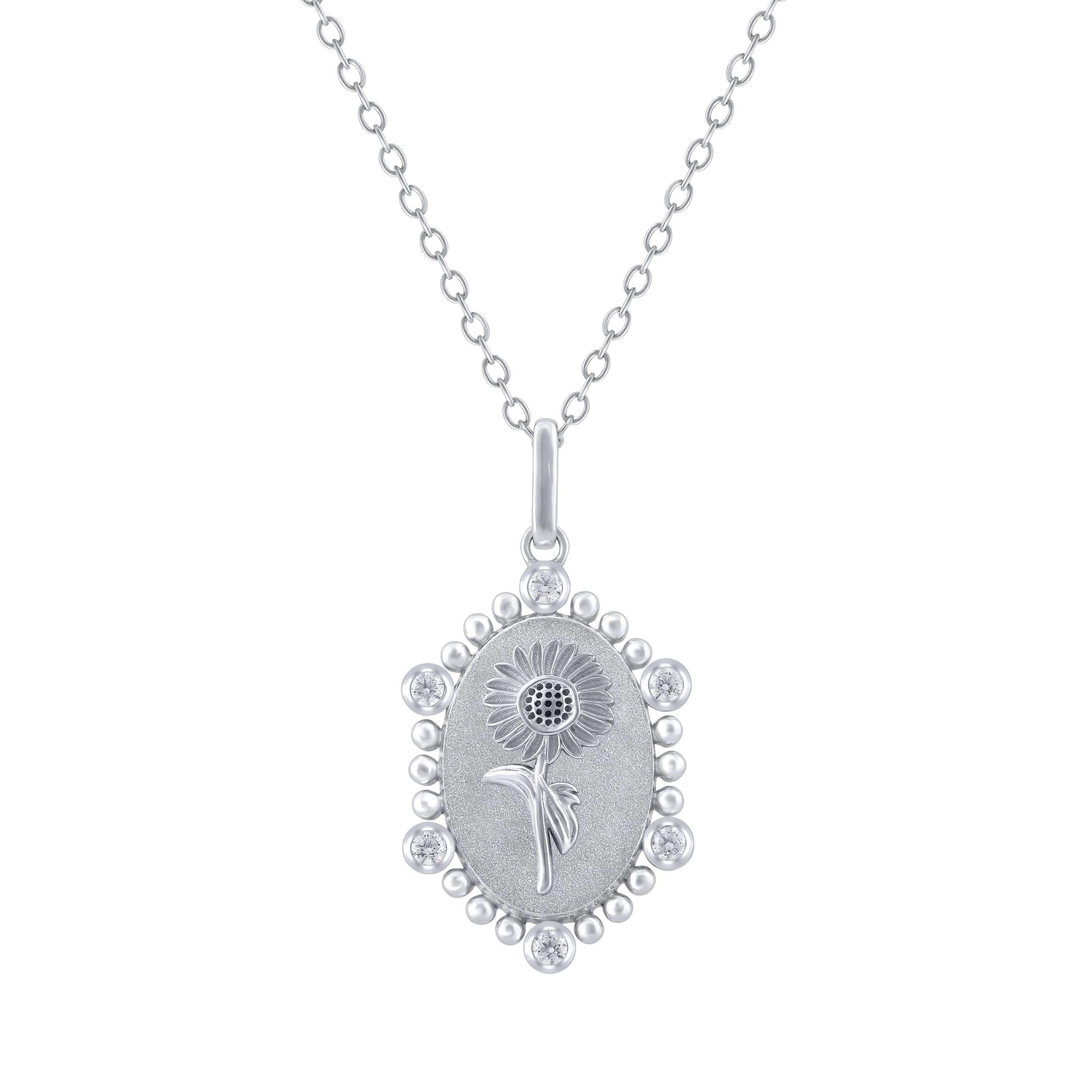 1/10Ctw Birth Flower September Sunflower Diamond Pendant in 925 Sterling Silver with 18" Cable Chain