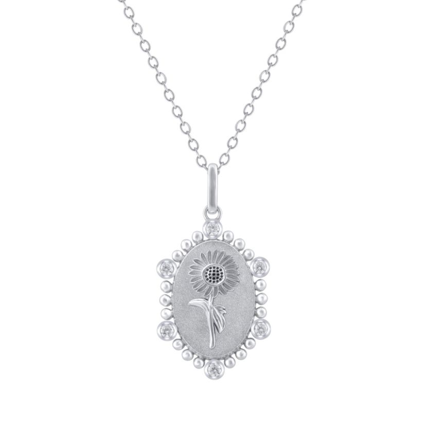 1/10Ctw Birth Flower September Sunflower Diamond Pendant in 925 Sterling Silver with 18" Cable Chain