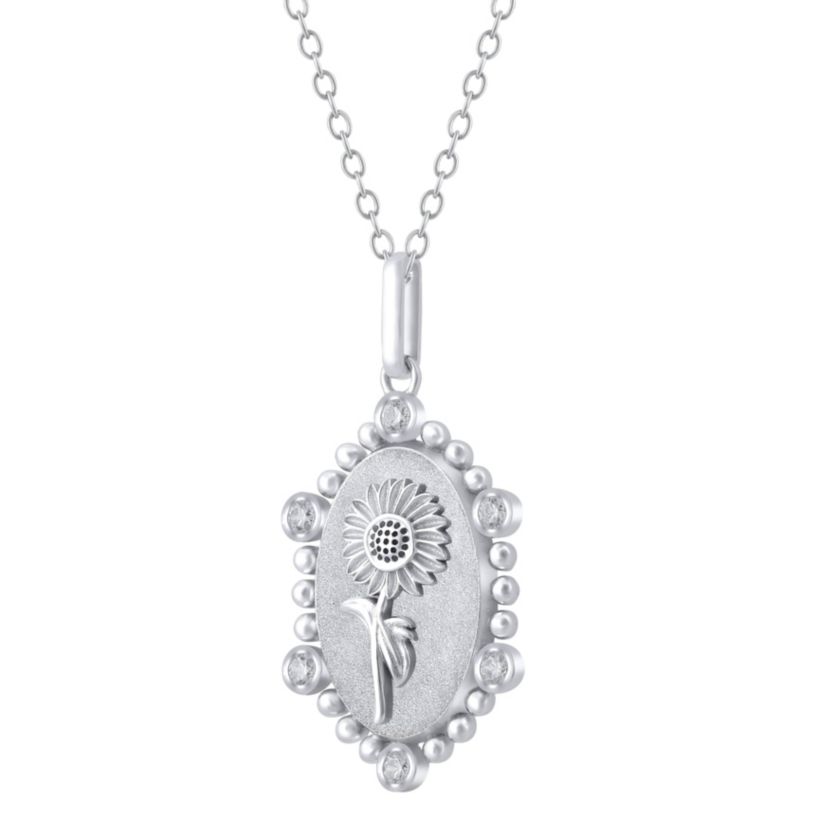 1/10Ctw Birth Flower September Sunflower Diamond Pendant in 925 Sterling Silver with 18" Cable Chain