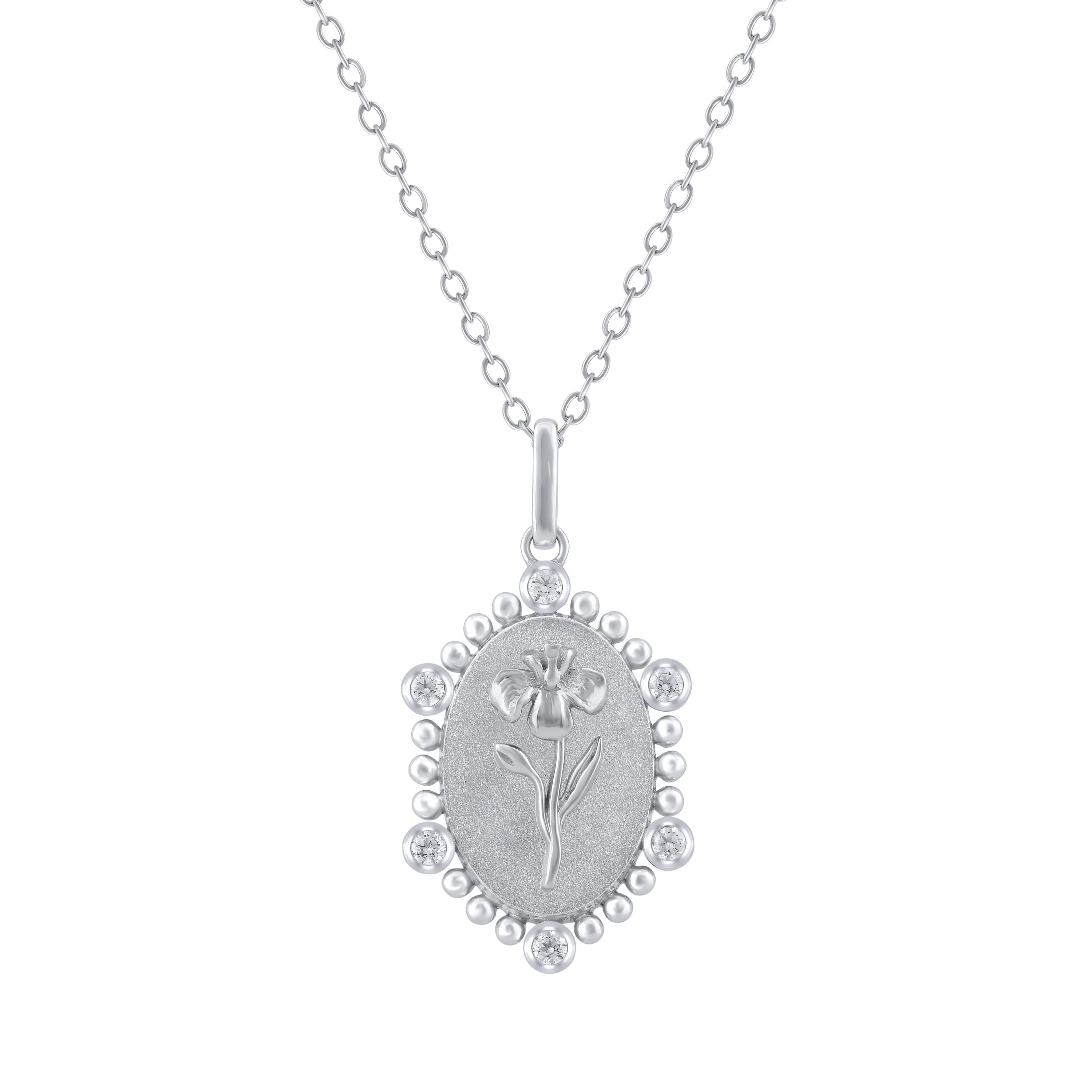 1/10Ctw Birth Flower February Iris Diamond Pendant in 925 Sterling Silver with 18" Cable Chain