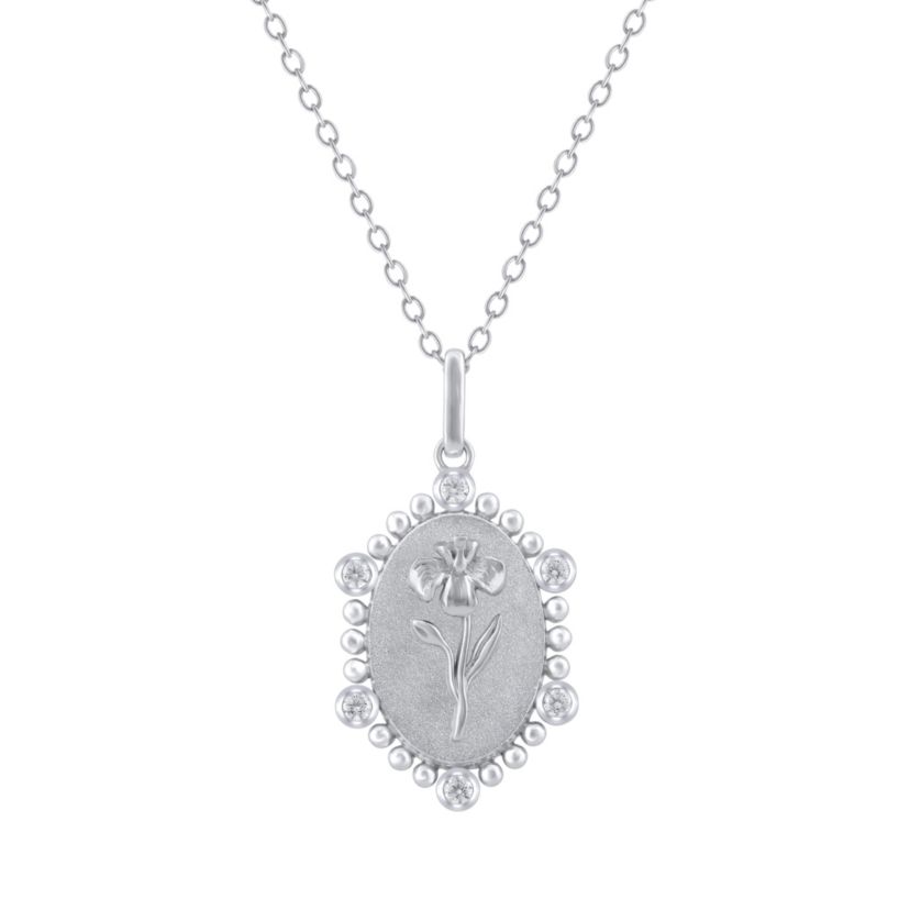 1/10Ctw Birth Flower February Iris Diamond Pendant in 925 Sterling Silver with 18" Cable Chain