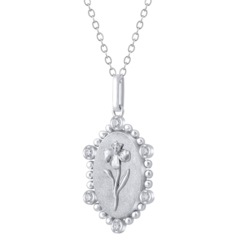 1/10Ctw Birth Flower February Iris Diamond Pendant in 925 Sterling Silver with 18" Cable Chain