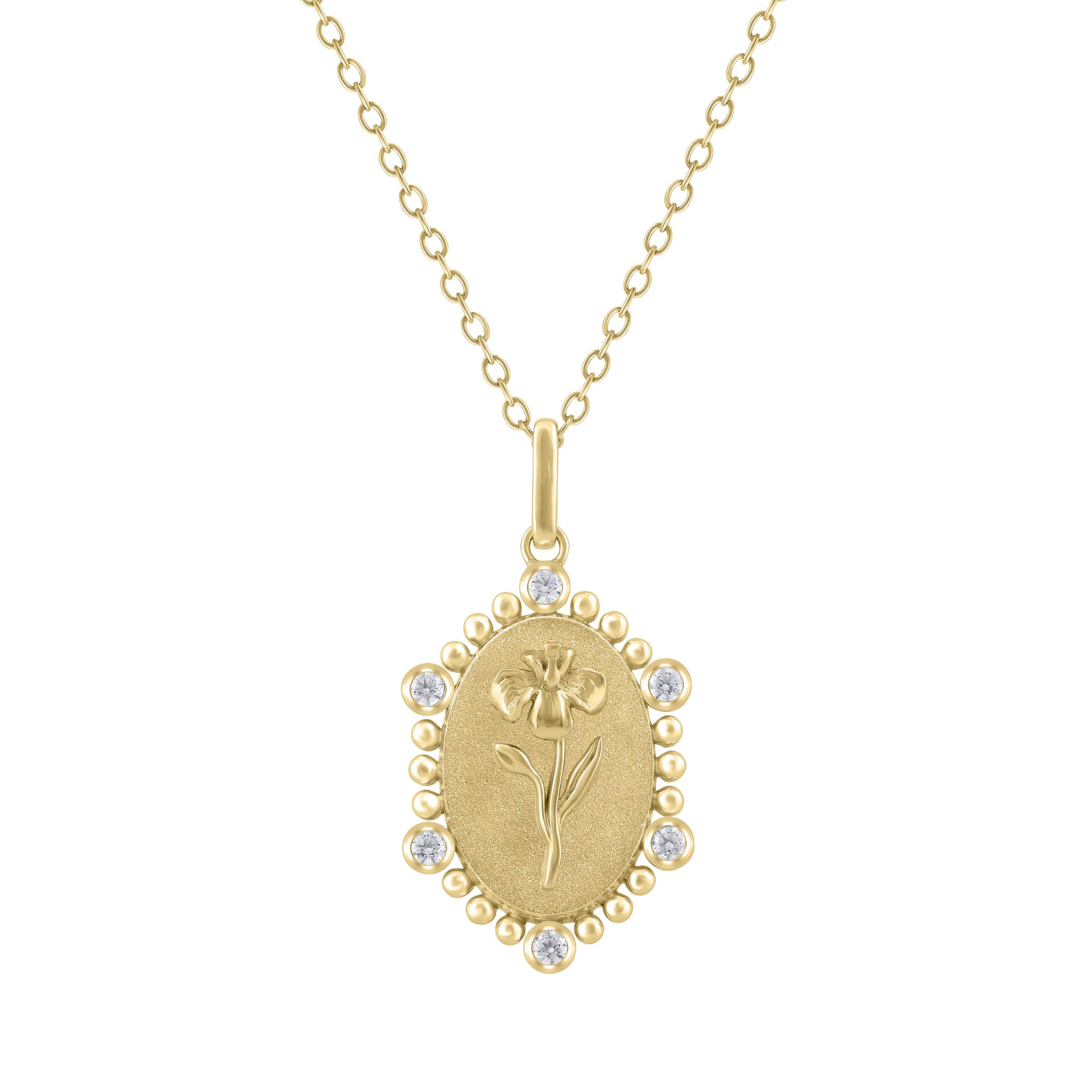 1/10Ctw Birth Flower February Iris Diamond Pendant in 925 Silver with 18K Yellow Gold Plating 18" Cable Chain