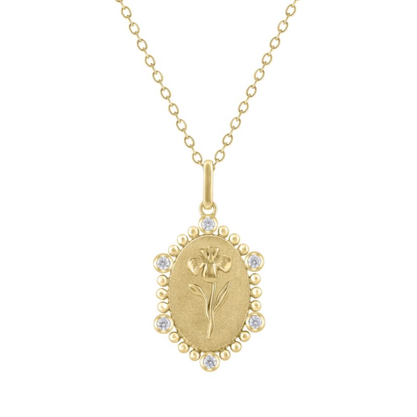 1/10Ctw Birth Flower February Iris Diamond Pendant in 925 Silver with 18K Yellow Gold Plating 18" Cable Chain