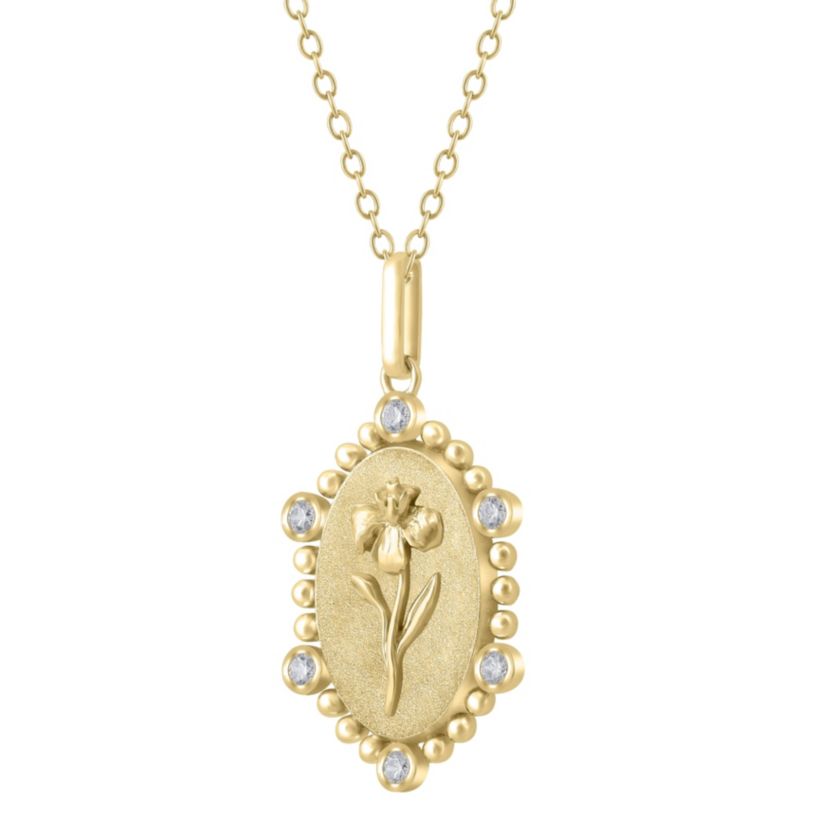 1/10Ctw Birth Flower February Iris Diamond Pendant in 925 Silver with 18K Yellow Gold Plating 18" Cable Chain