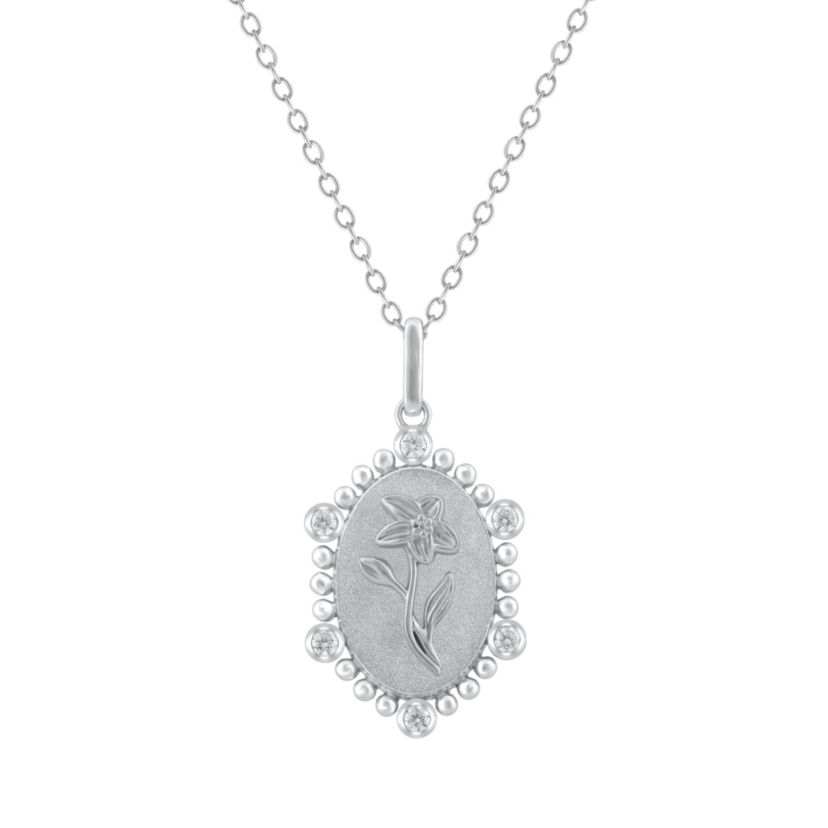 1/10Ctw Birth Flower March Daffodil Diamond Pendant in 925 Sterling Silver with 18" Cable Chain