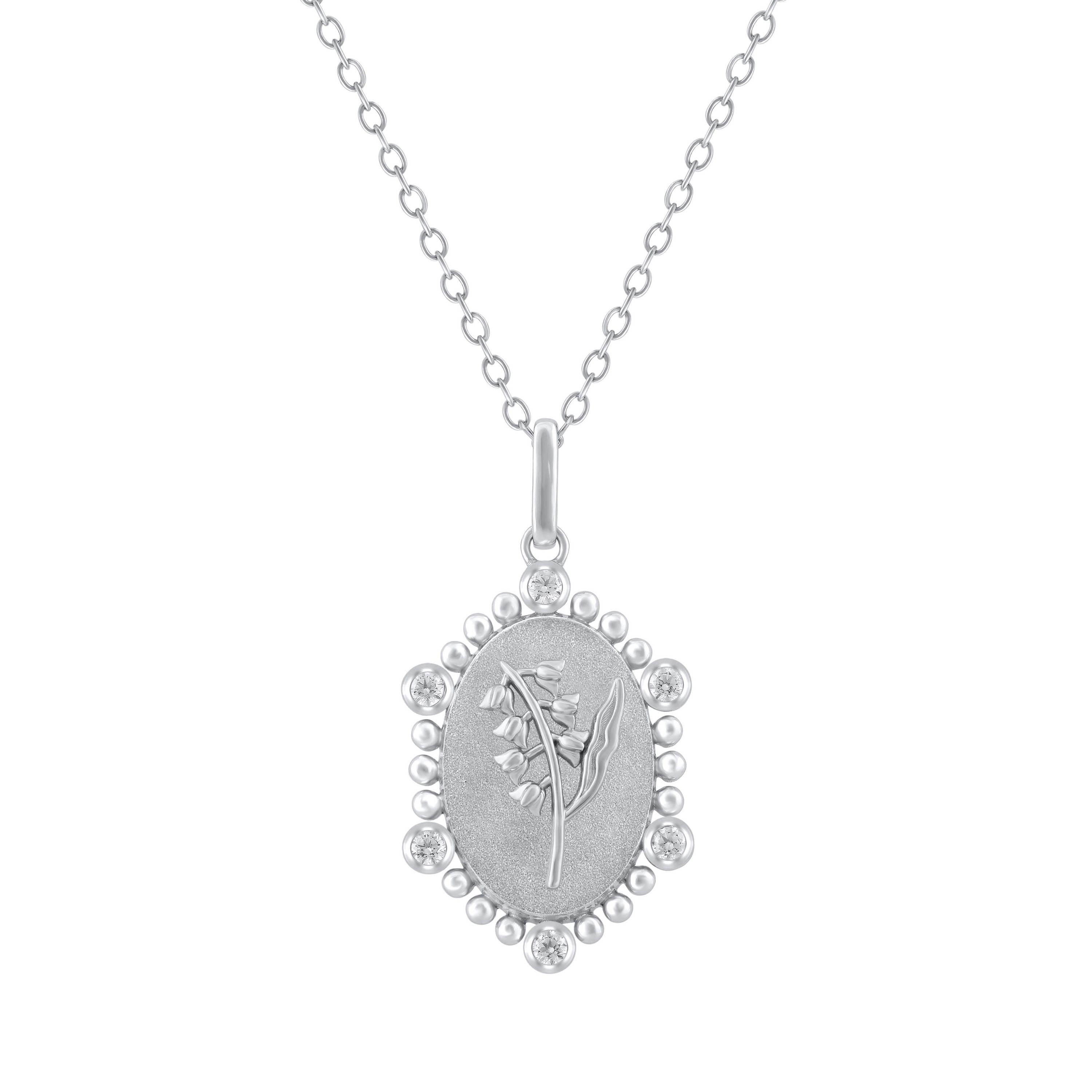 1/10Ctw Birth Flower May Lilly of the Valley Diamond Pendant in 925 Sterling Silver with 18" Cable Chain