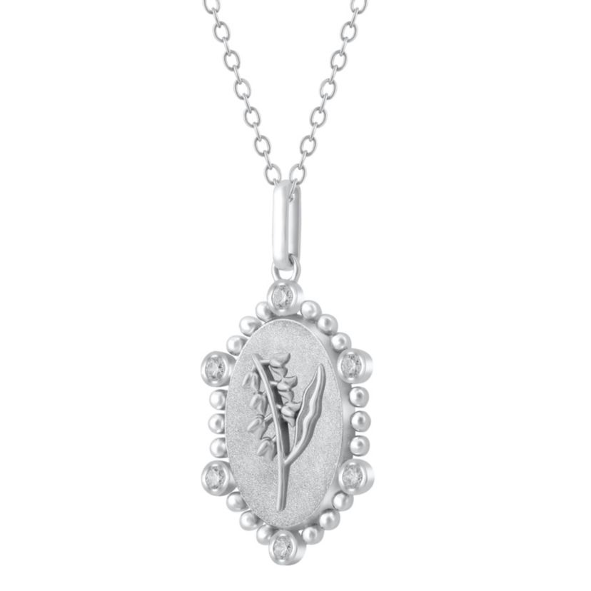 1/10Ctw Birth Flower May Lilly of the Valley Diamond Pendant in 925 Sterling Silver with 18" Cable Chain