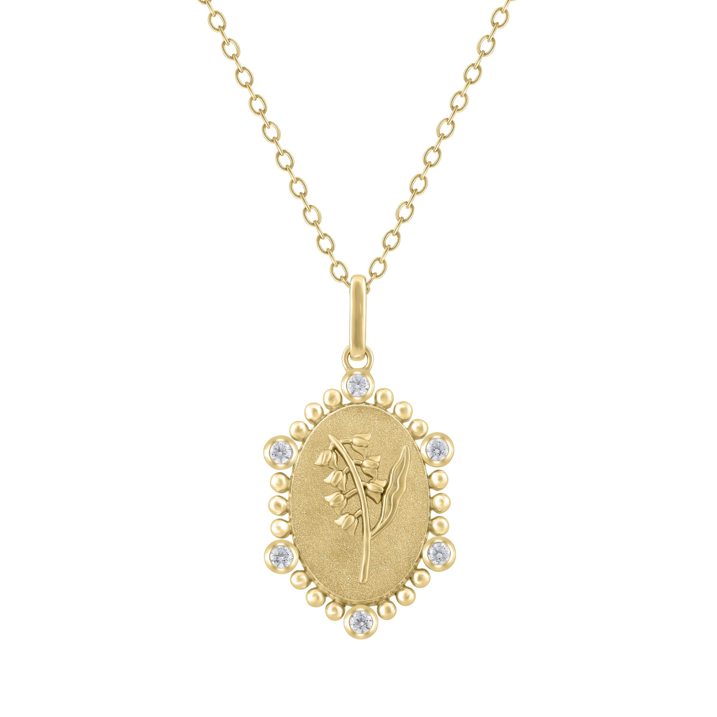 1/10Ctw Birth Flower May Lilly of the Valley Diamond Pendant in 925 Silver with 18K Yellow Gold Plating 18" Cable Chain