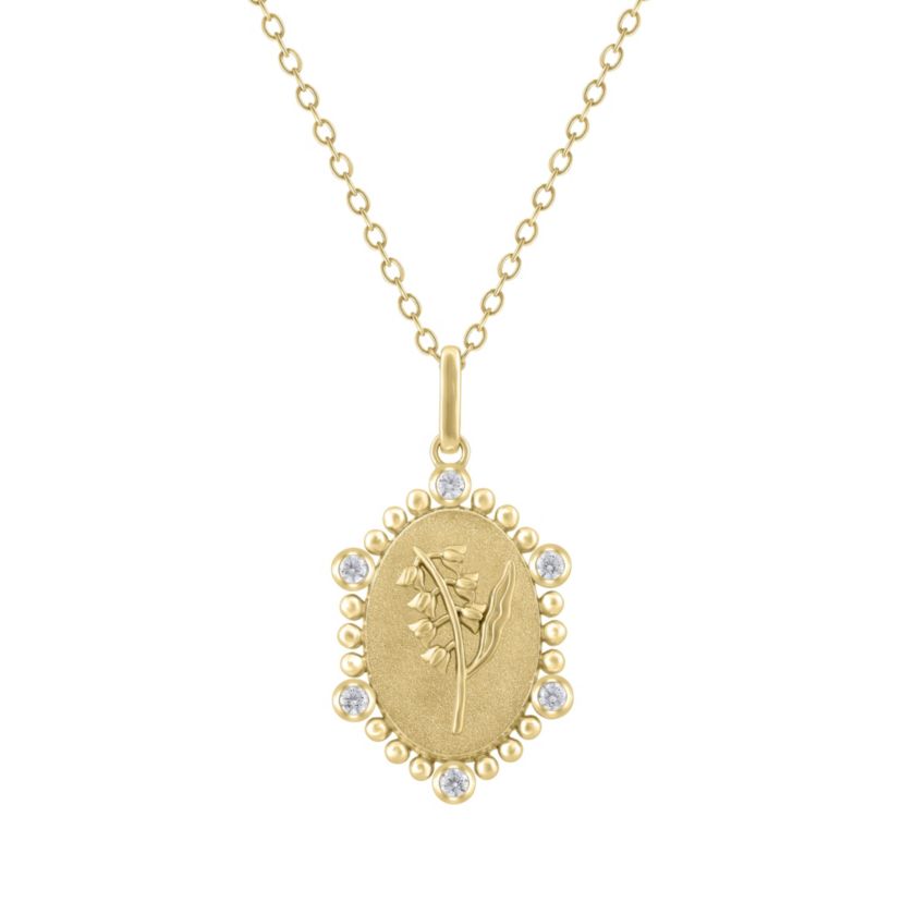 1/10Ctw Birth Flower May Lilly of the Valley Diamond Pendant in 925 Silver with 18K Yellow Gold Plating 18" Cable Chain