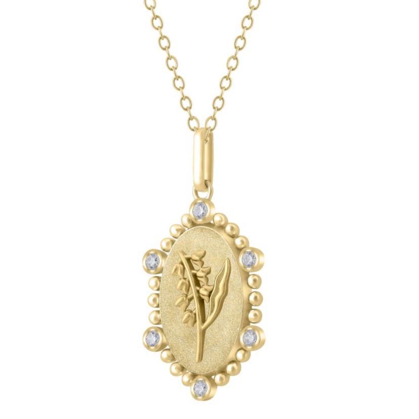 1/10Ctw Birth Flower May Lilly of the Valley Diamond Pendant in 925 Silver with 18K Yellow Gold Plating 18" Cable Chain
