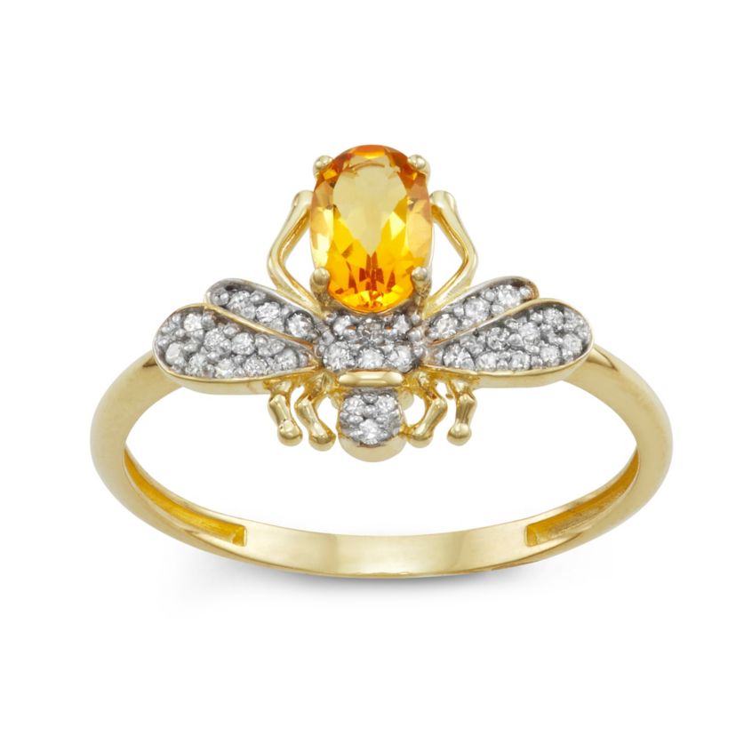 10K Gold Citrine And Diamond Bee Ring