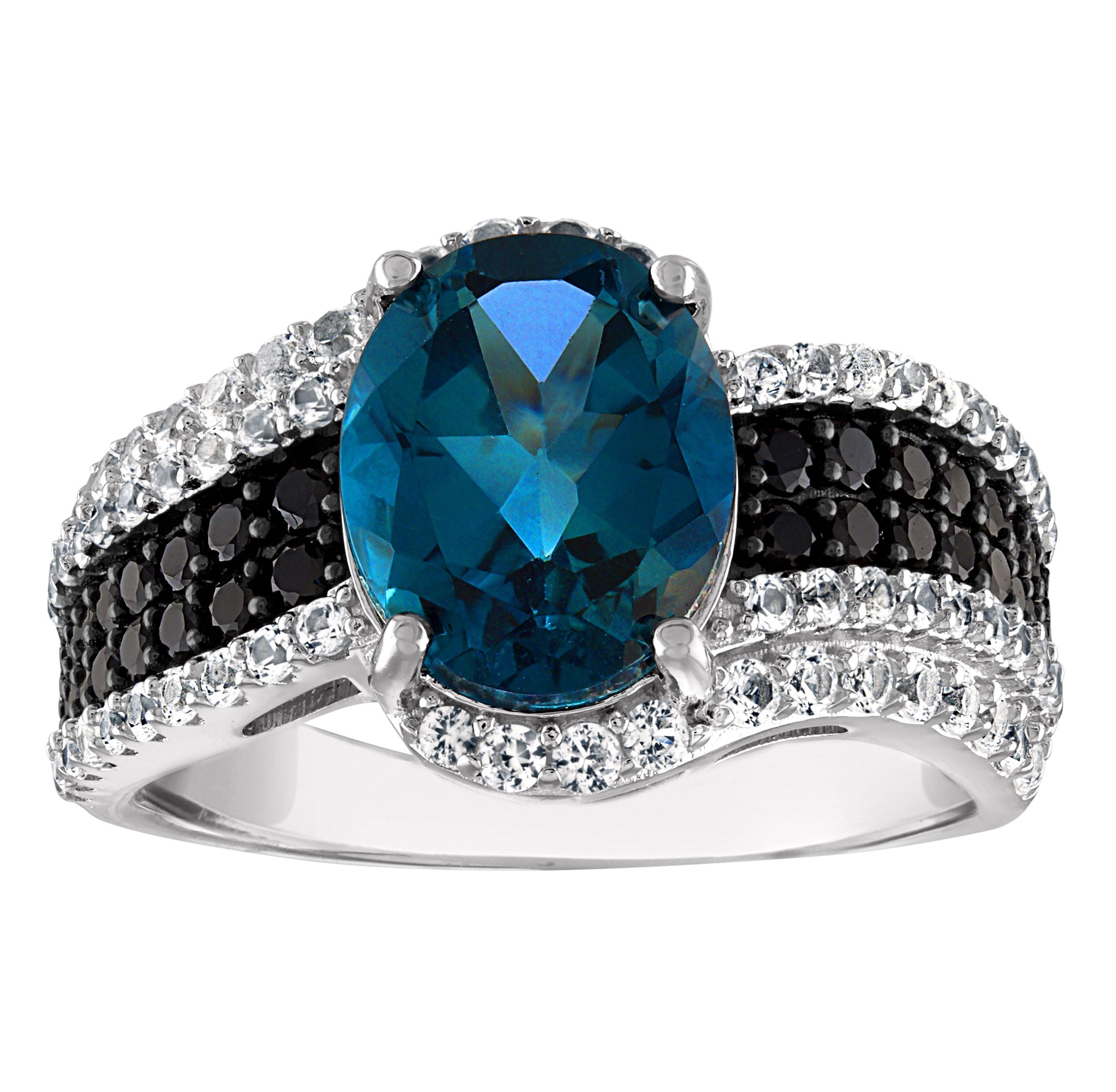 Sterling Silver London Blue Topaz, Black Spinel And Created White Sapphire Ring