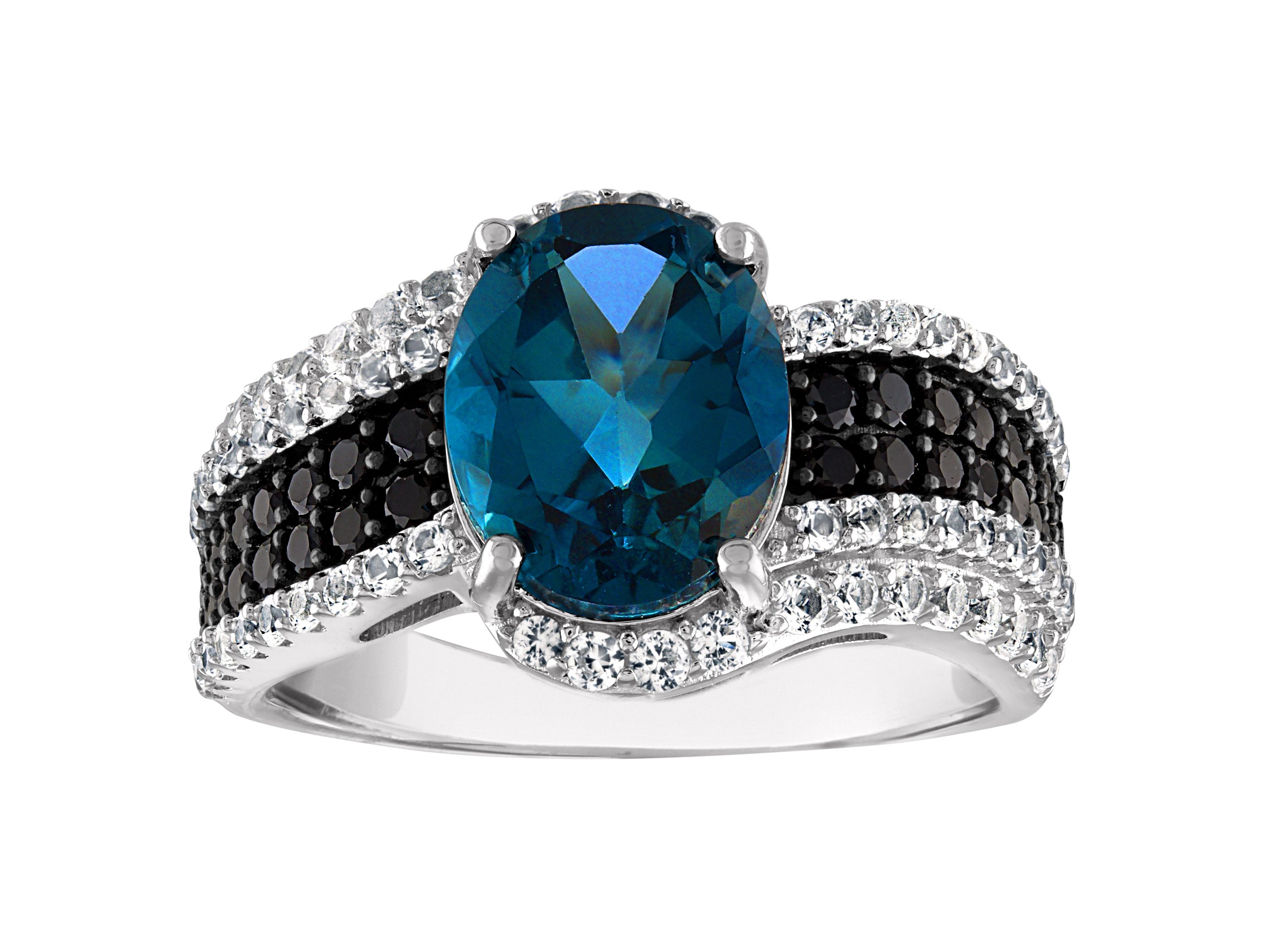 Sterling Silver London Blue Topaz, Black Spinel And Created White Sapphire Ring