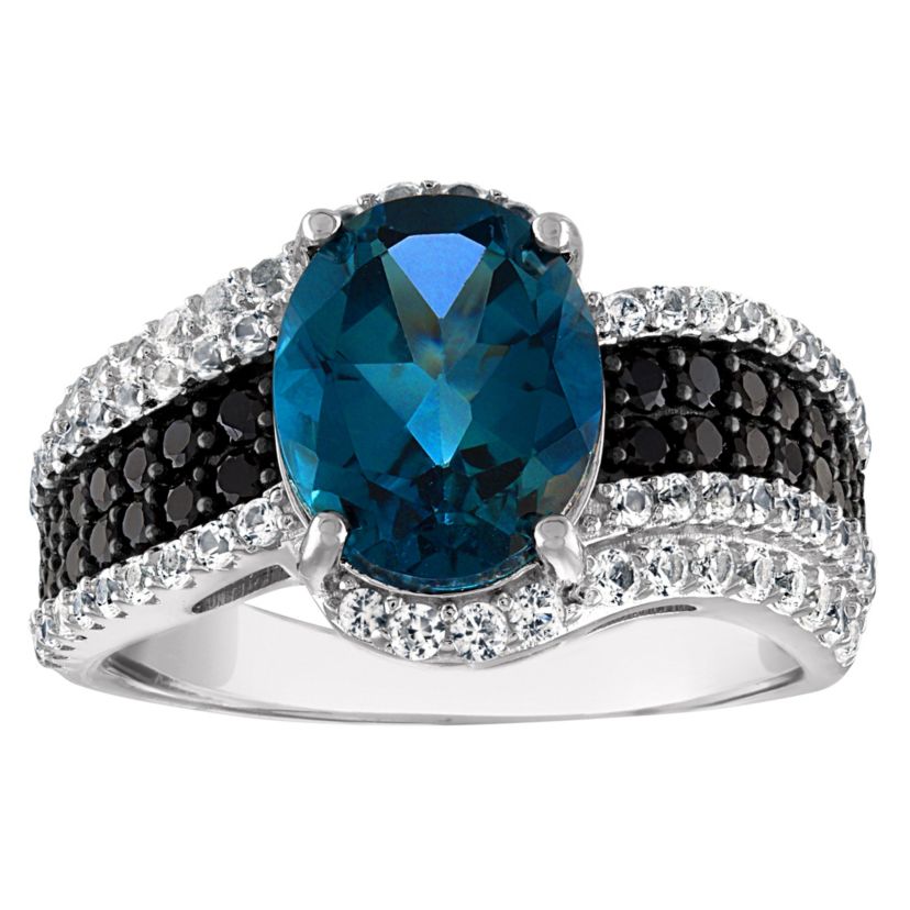 Sterling Silver London Blue Topaz, Black Spinel And Created White Sapphire Ring