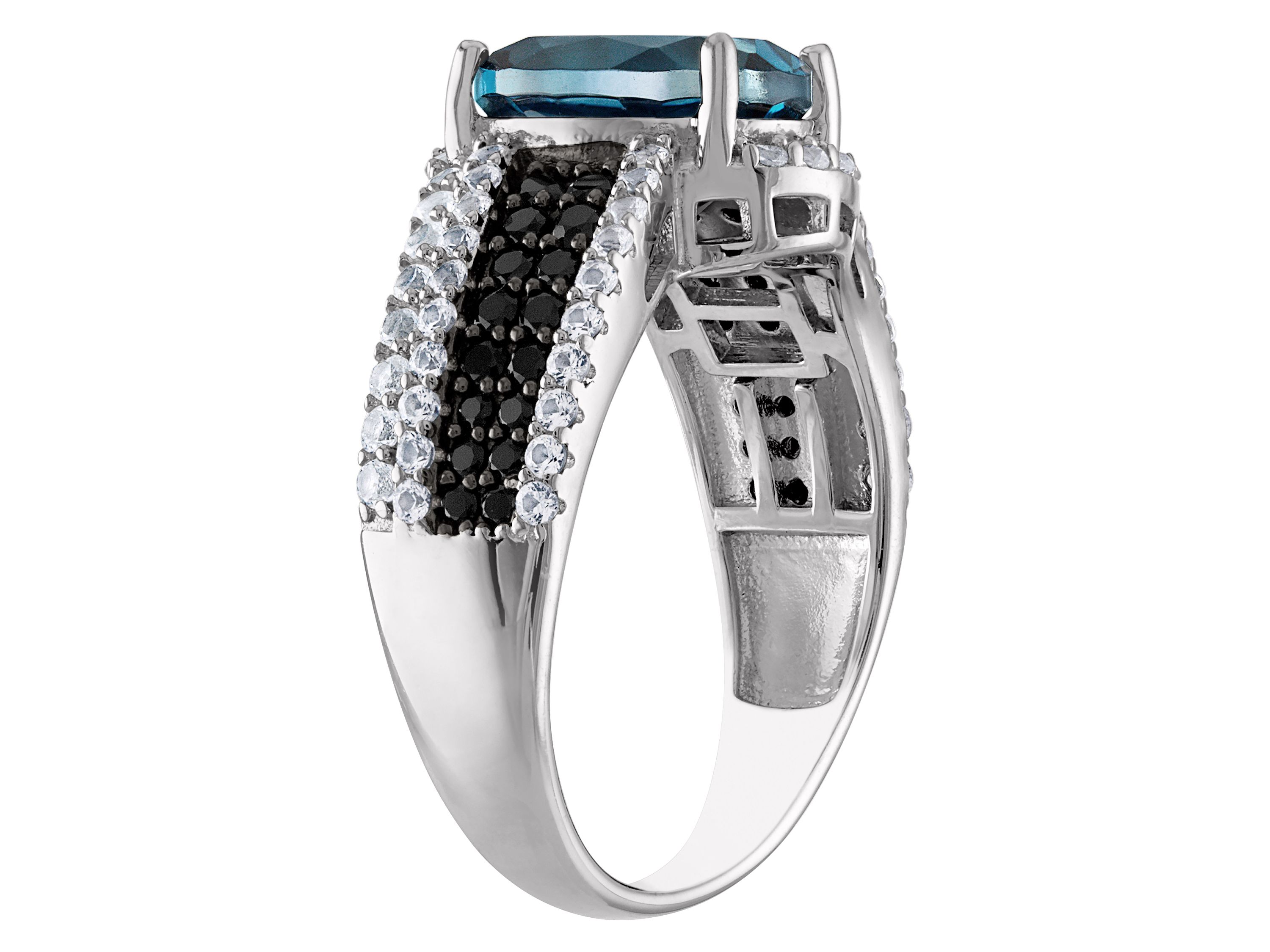 Sterling Silver London Blue Topaz, Black Spinel And Created White Sapphire Ring
