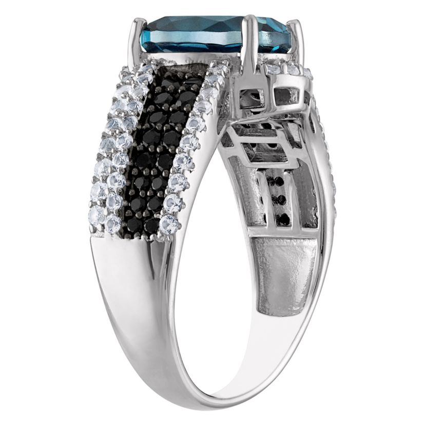 Sterling Silver London Blue Topaz, Black Spinel And Created White Sapphire Ring
