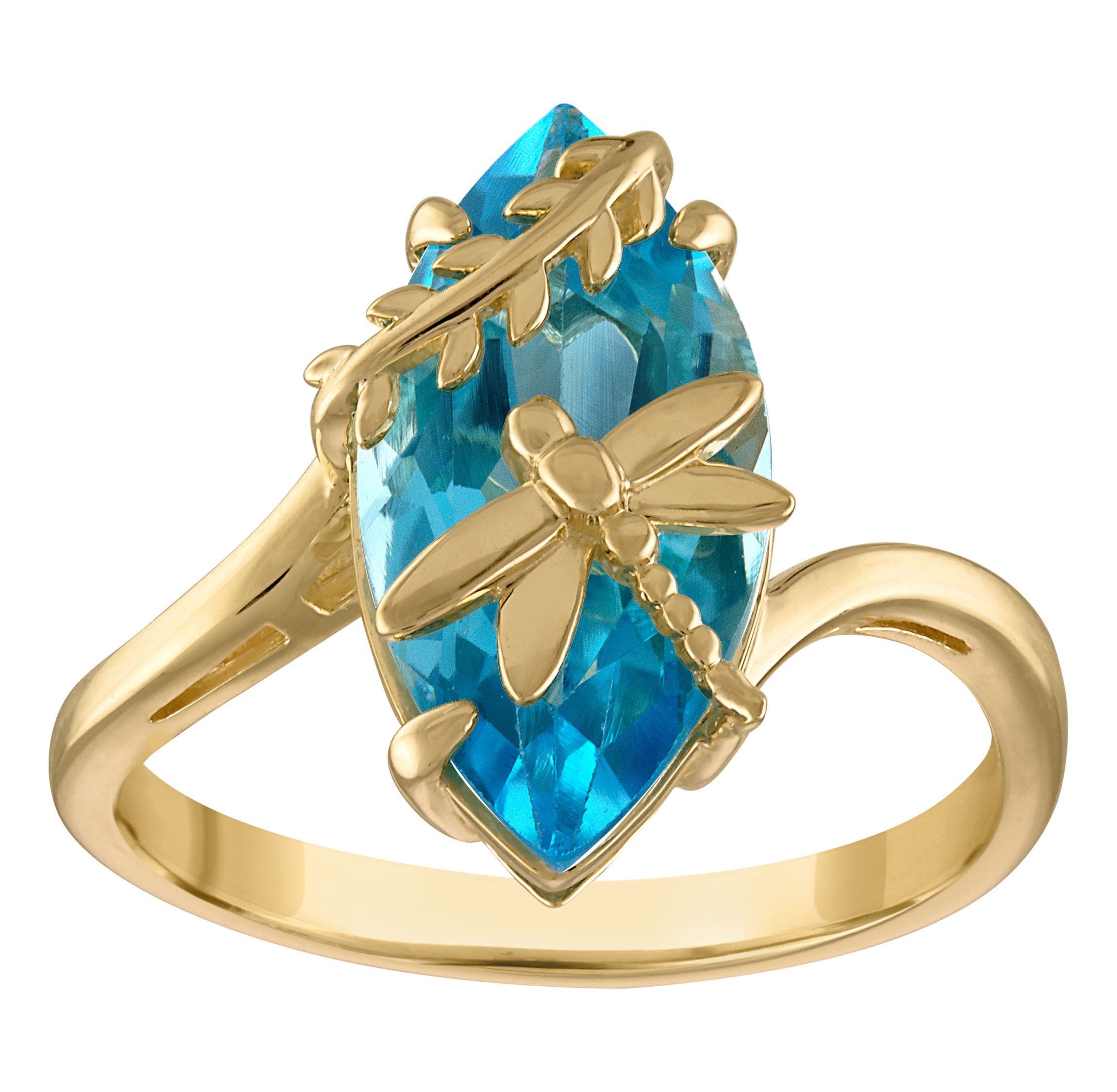 14K Gold Over Sterling Silver Blue Topaz Dragonfly Ring