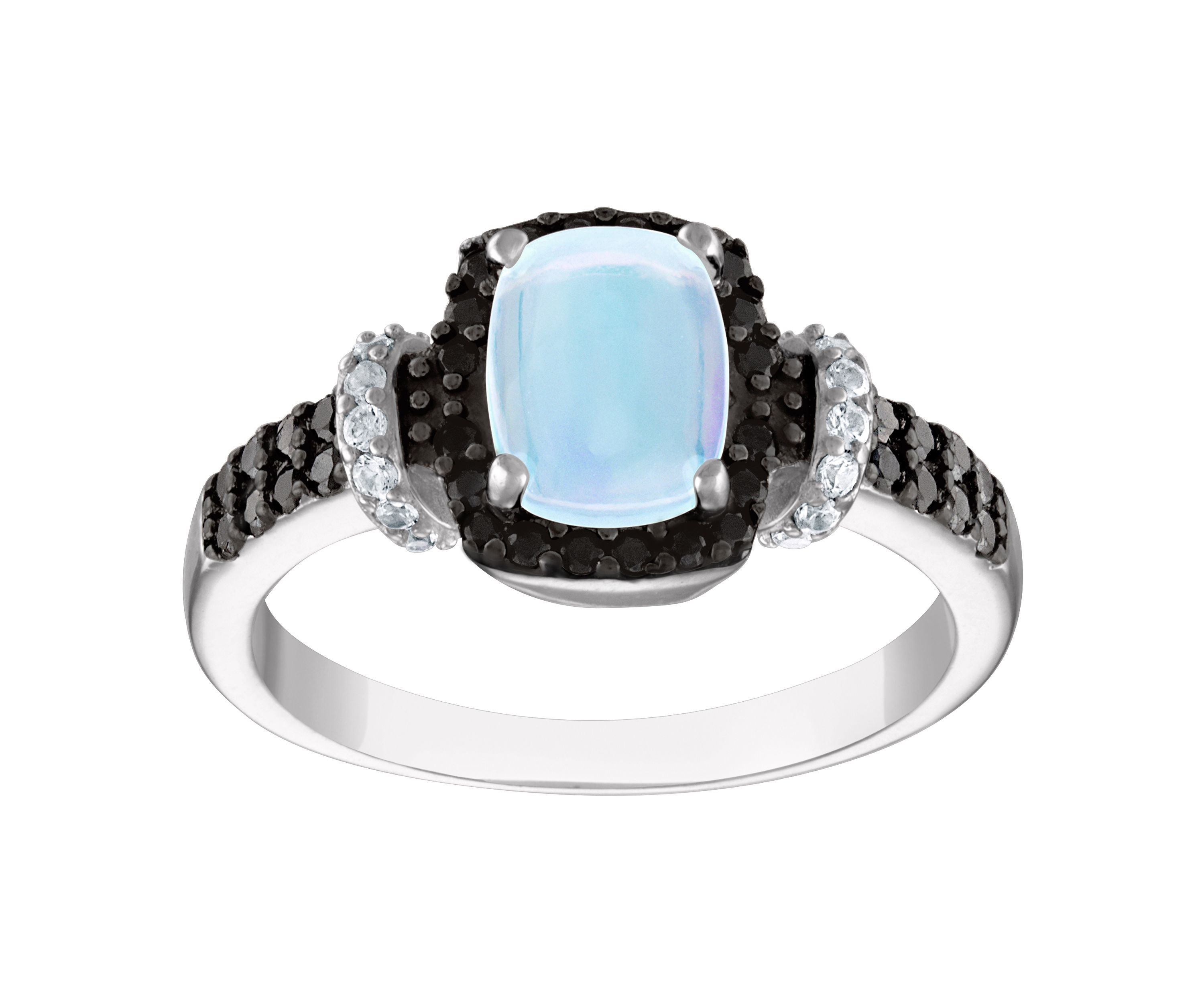 Sterling Silver Opal, Black Spinel, And Created White Sapphire Ring