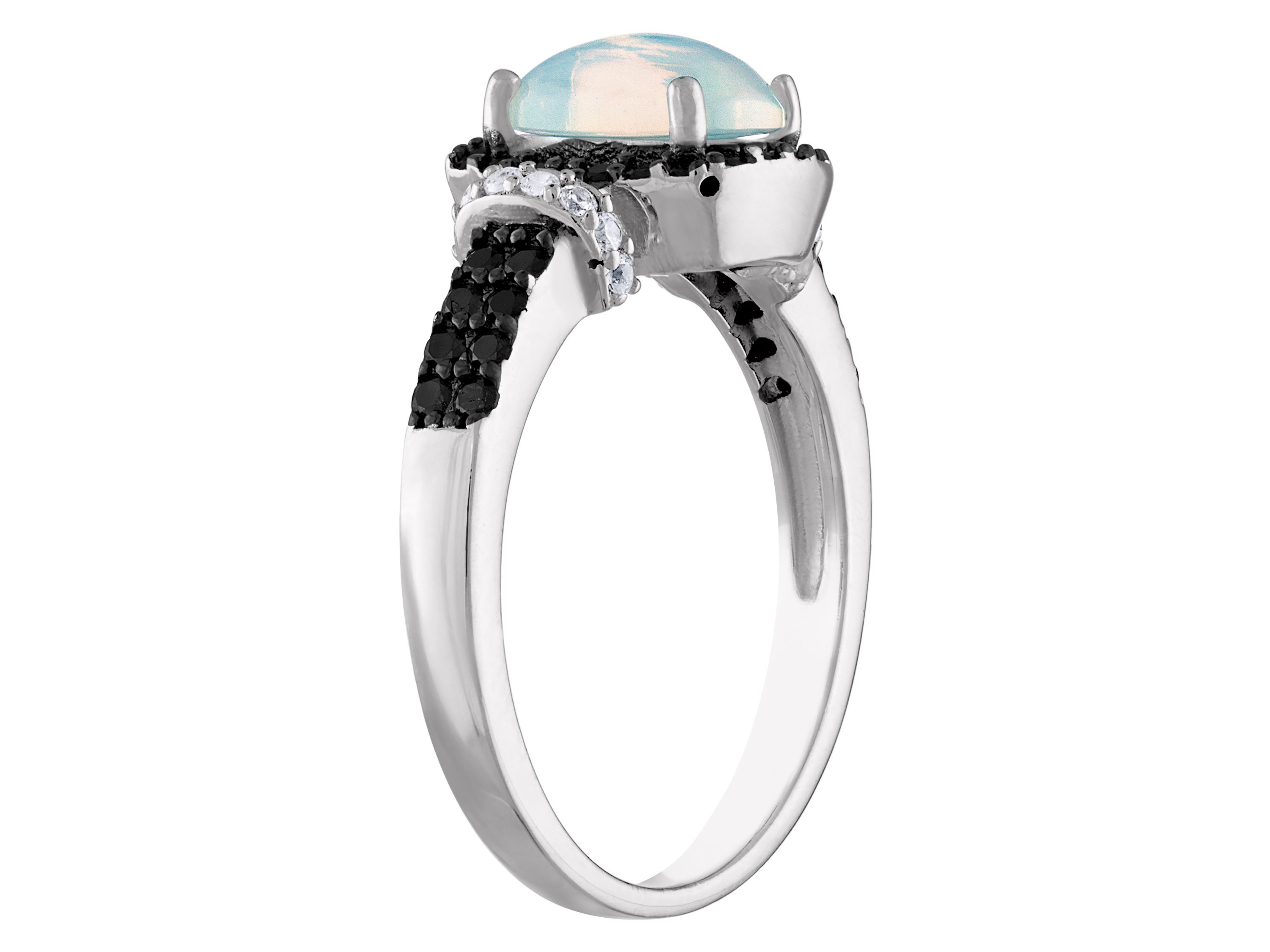 Sterling Silver Opal, Black Spinel, And Created White Sapphire Ring