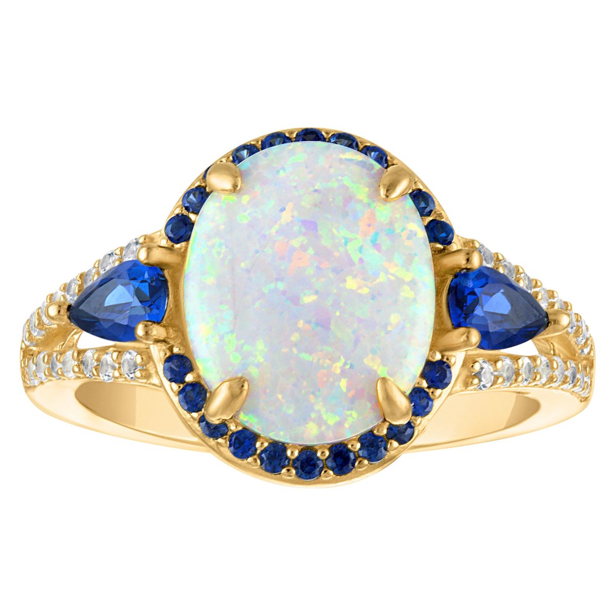 Lab Created 14K Gold Over Sterling Silver Created Opal, Sapphire, And White Sapphire Ring