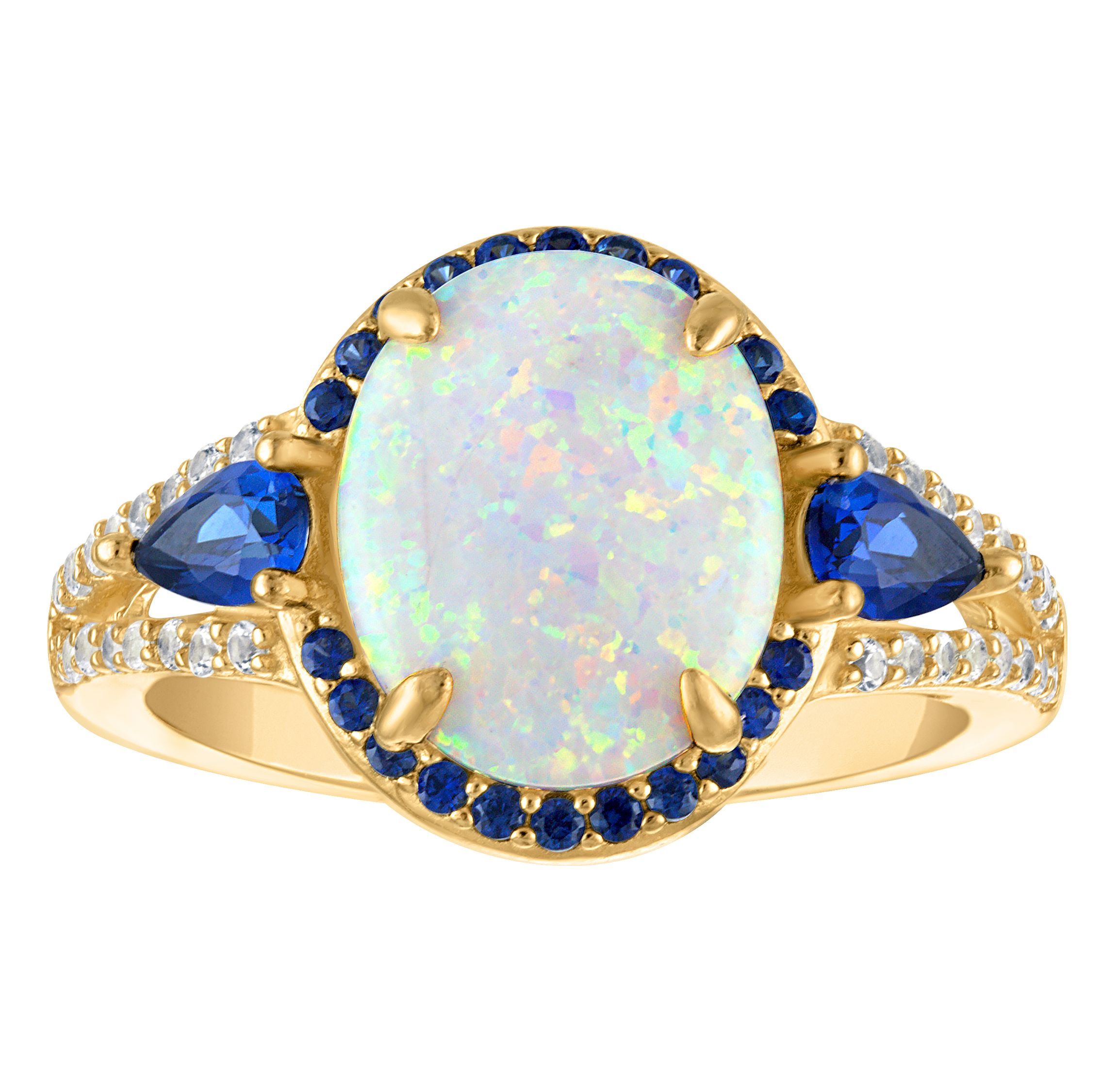 Lab Created 14K Gold Over Sterling Silver Created Opal, Sapphire, And White Sapphire Ring