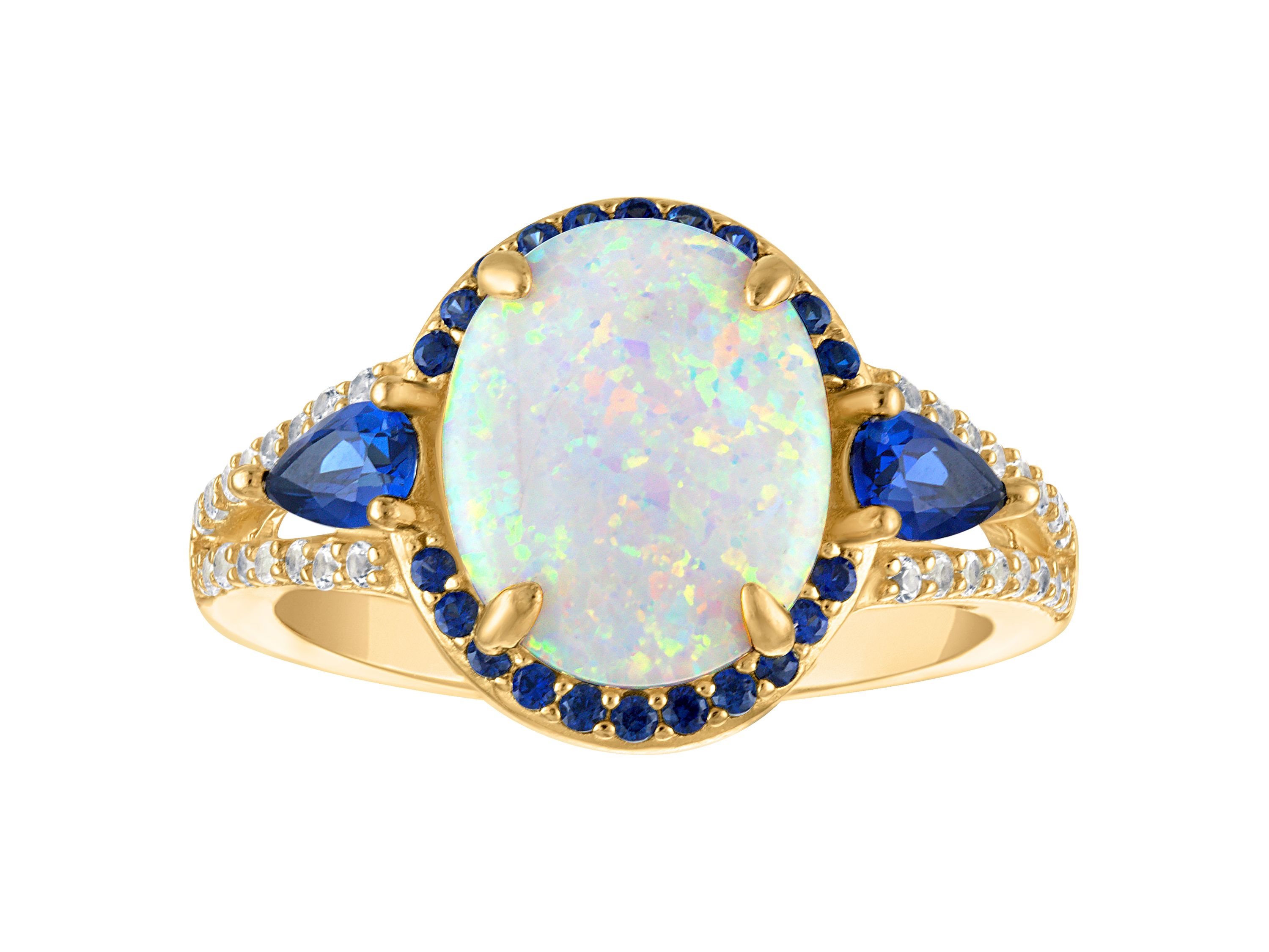 Lab Created 14K Gold Over Sterling Silver Created Opal, Sapphire, And White Sapphire Ring