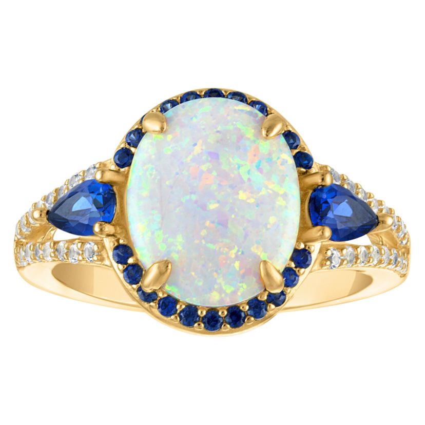 Lab Created 14K Gold Over Sterling Silver Created Opal, Sapphire, And White Sapphire Ring