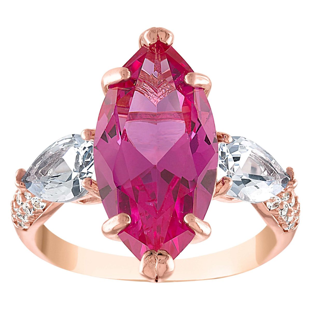 Lab Created 14K Rose Over Silver Created Pink Sapphire, Created Aqua And Created White Sapphire Ring