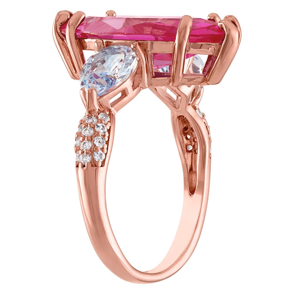 Lab Created 14K Rose Over Silver Created Pink Sapphire, Created Aqua And Created White Sapphire Ring