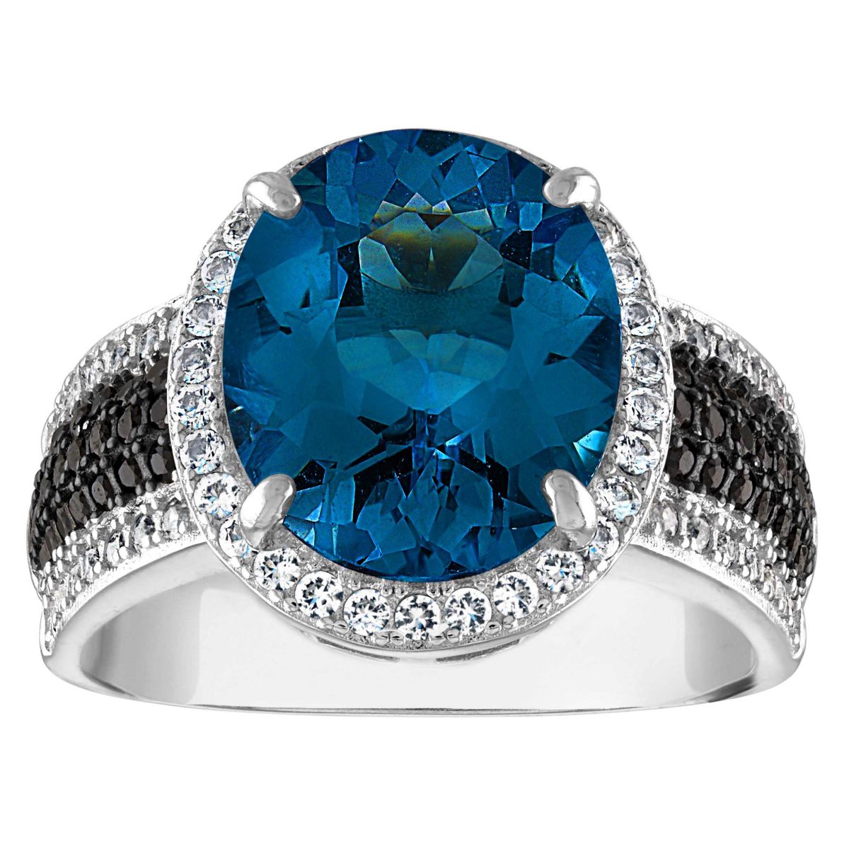 Sterling Silver Swiss Blue Topaz, Black Spinel And Created White Sapphire Ring