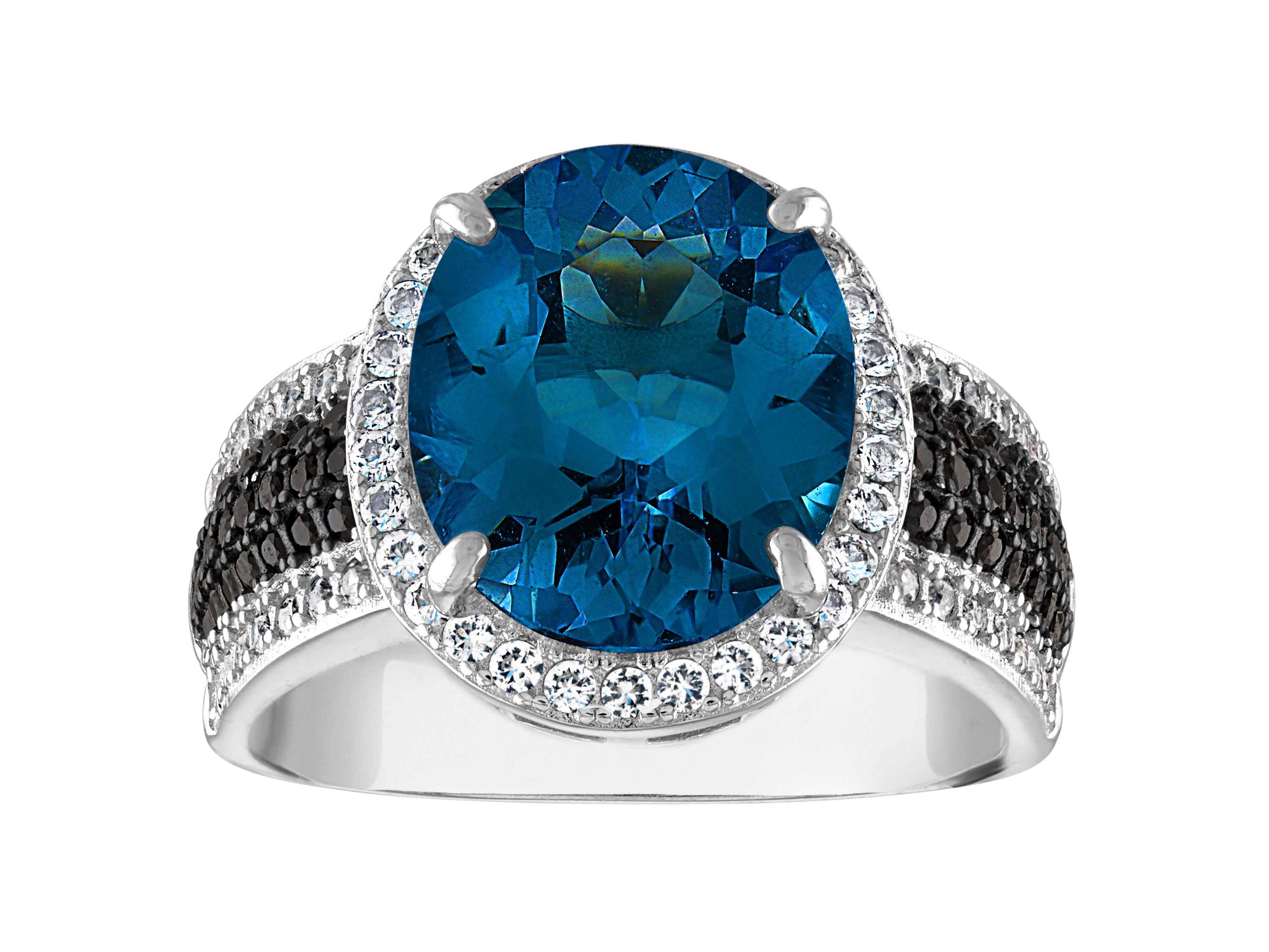 Sterling Silver Swiss Blue Topaz, Black Spinel And Created White Sapphire Ring