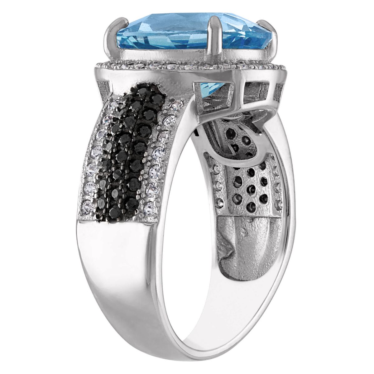 Sterling Silver Swiss Blue Topaz, Black Spinel And Created White Sapphire Ring