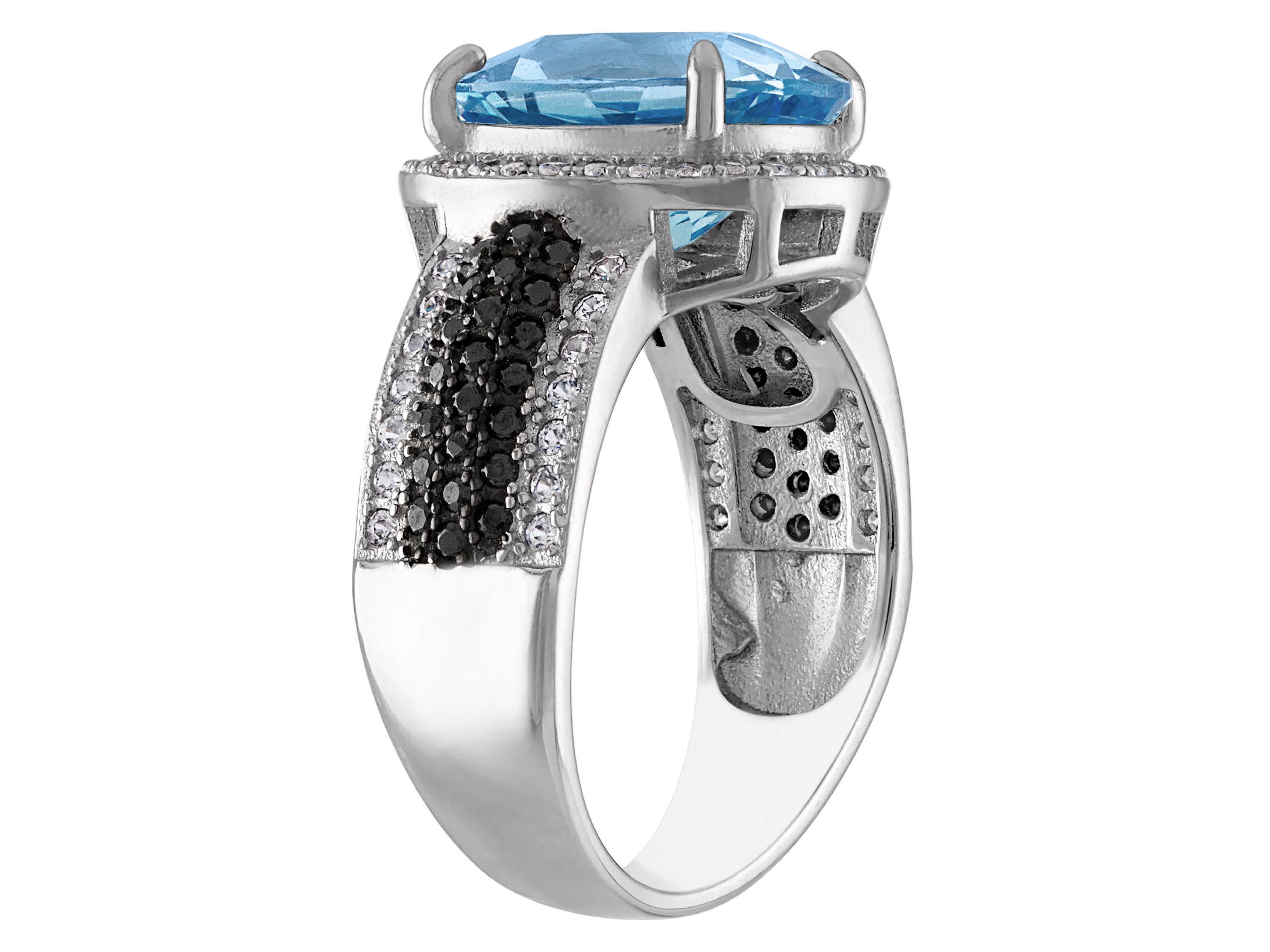 Sterling Silver Swiss Blue Topaz, Black Spinel And Created White Sapphire Ring