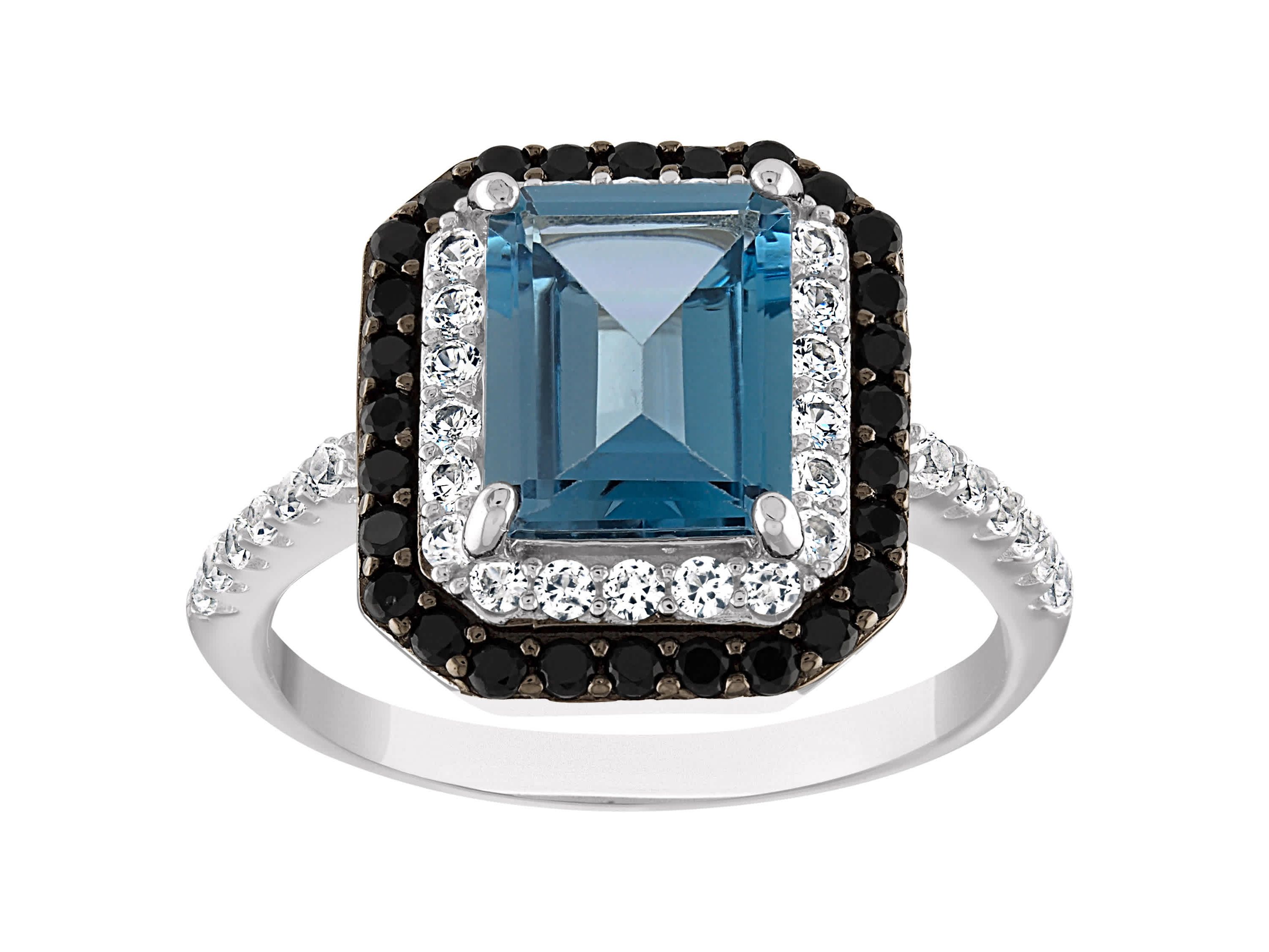 Sterling Silver London Blue Topaz, Black Spinel, Created White Sapphire Ring