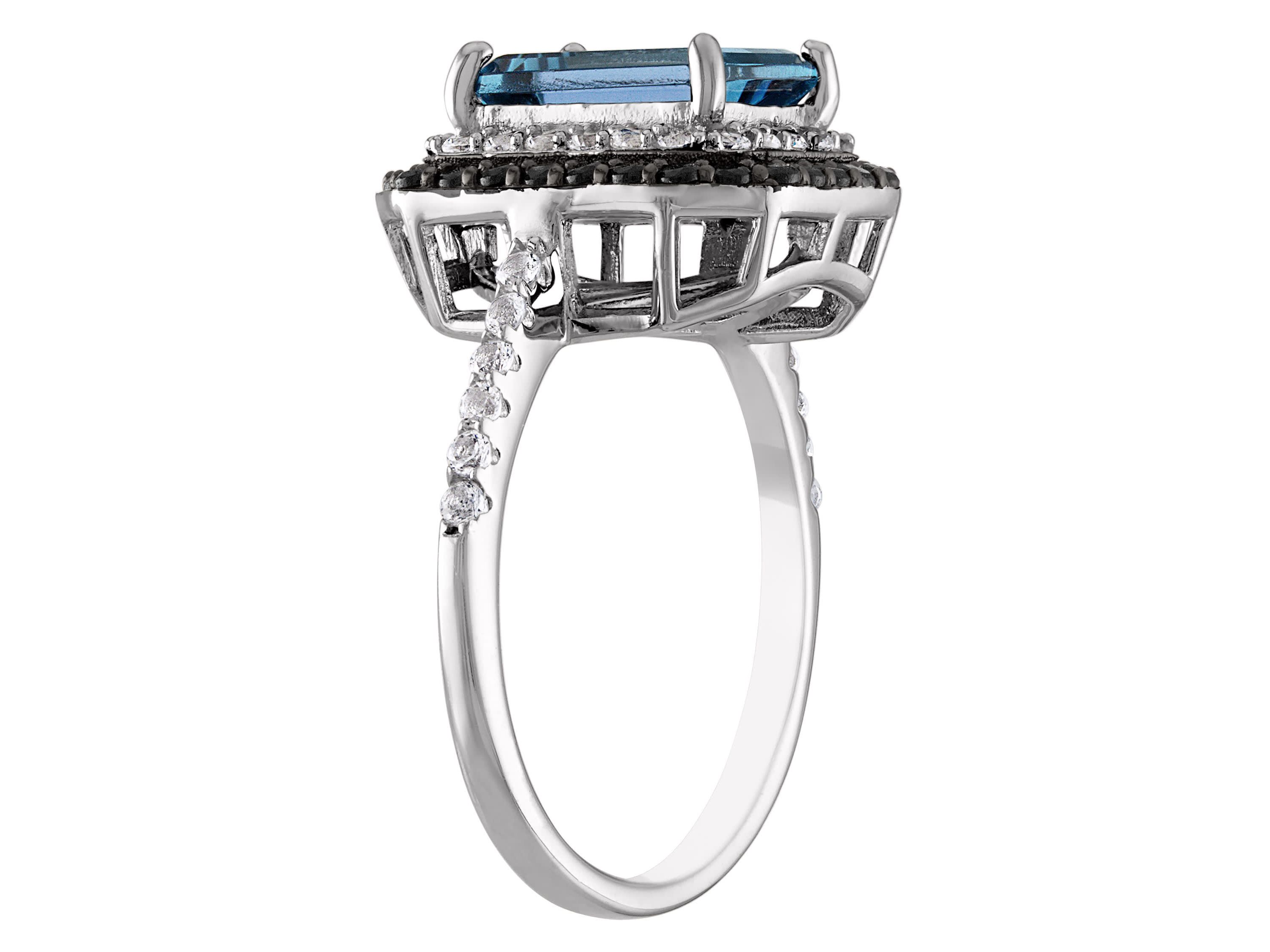 Sterling Silver London Blue Topaz, Black Spinel, Created White Sapphire Ring