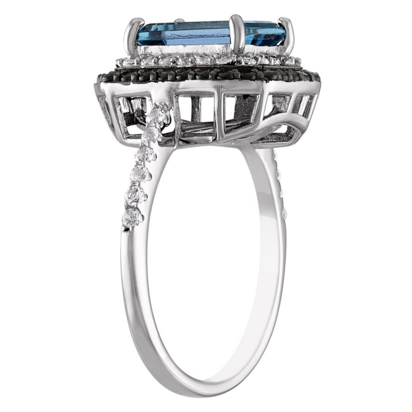 Sterling Silver London Blue Topaz, Black Spinel, Created White Sapphire Ring