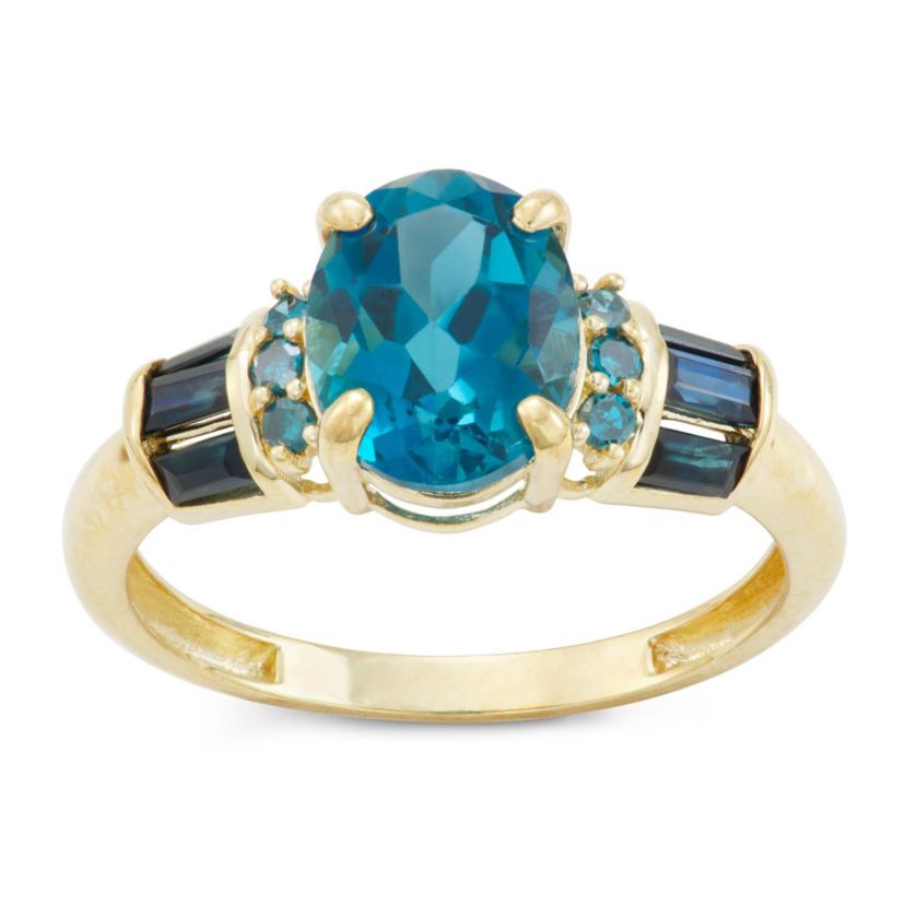 10K Gold London Blue Topaz, Sapphire And Blue Diamond Ring