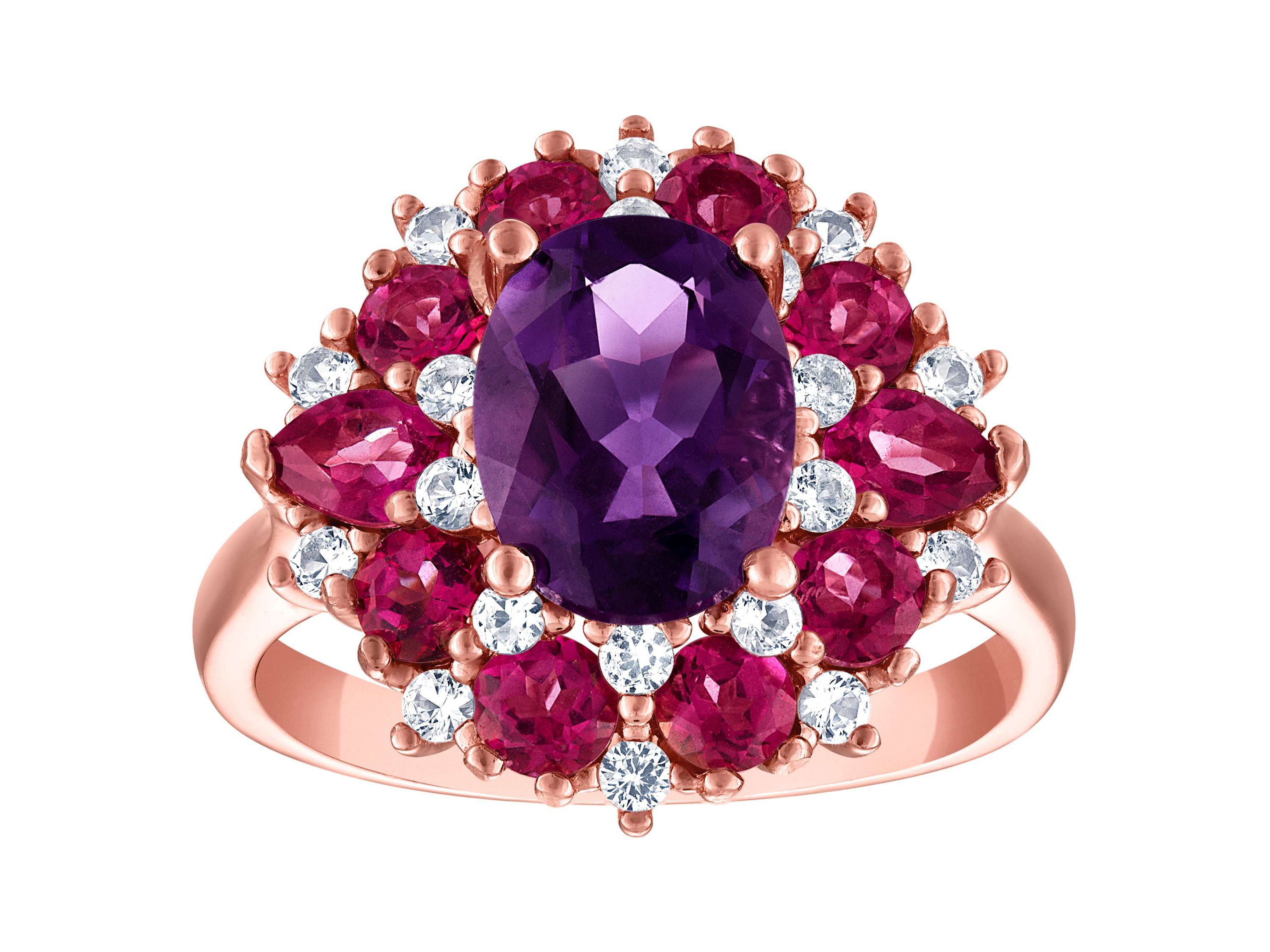 14K Rose Over Silver Amethyst, Pink Topaz And Created White Sapphire Ring