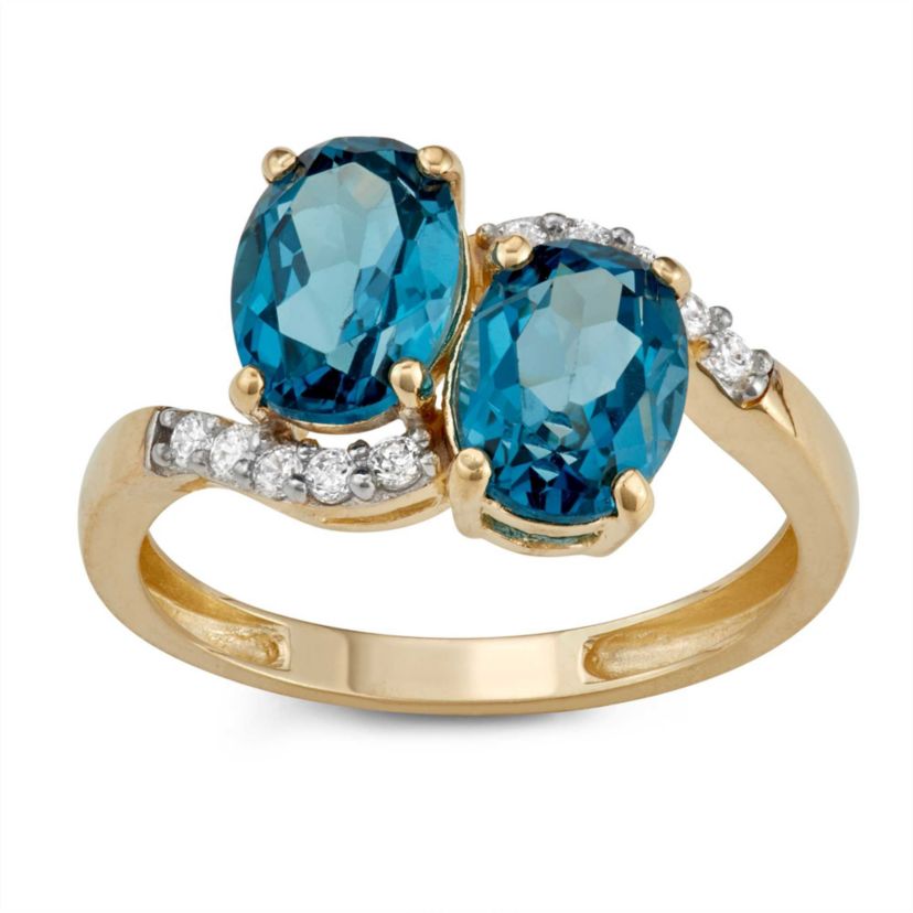 10K Gold London Blue Topaz And Created White Sapphire Ring