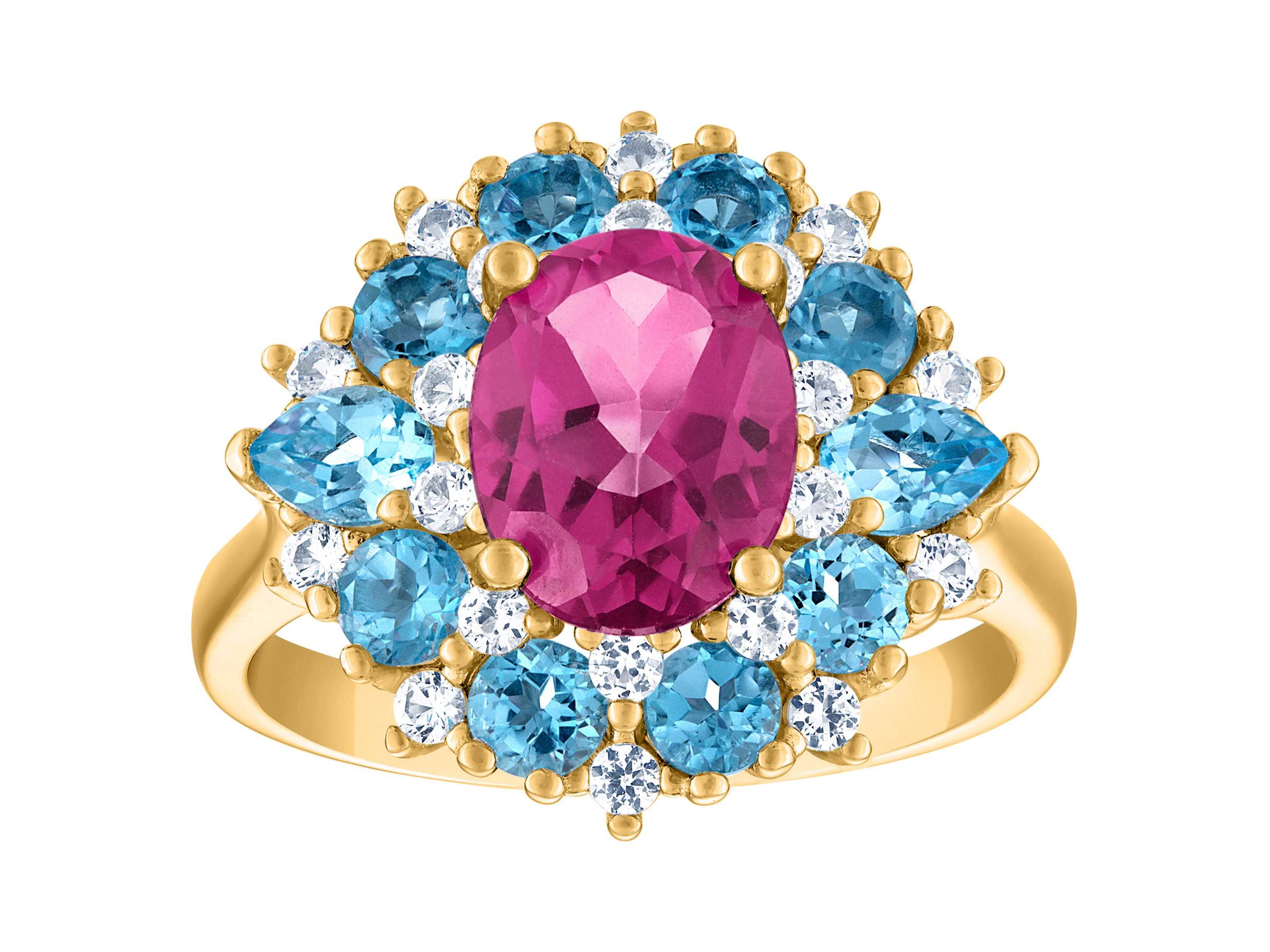 14K Gold Over Silver Pink Topaz, Swiss Blue Topaz, And Created White Sapphire Ring