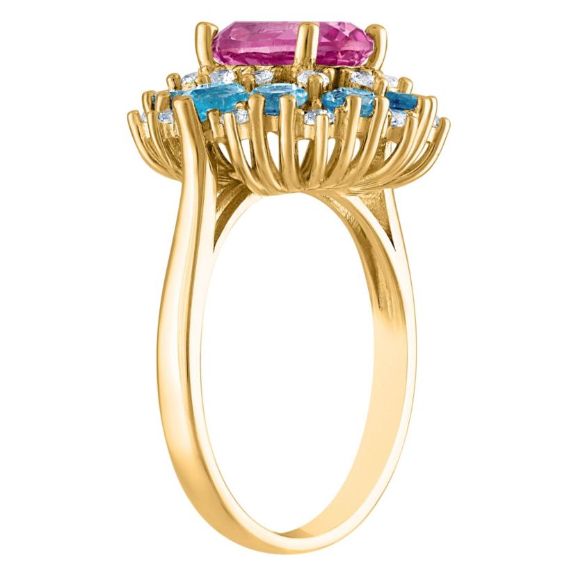 14K Gold Over Silver Pink Topaz, Swiss Blue Topaz, And Created White Sapphire Ring