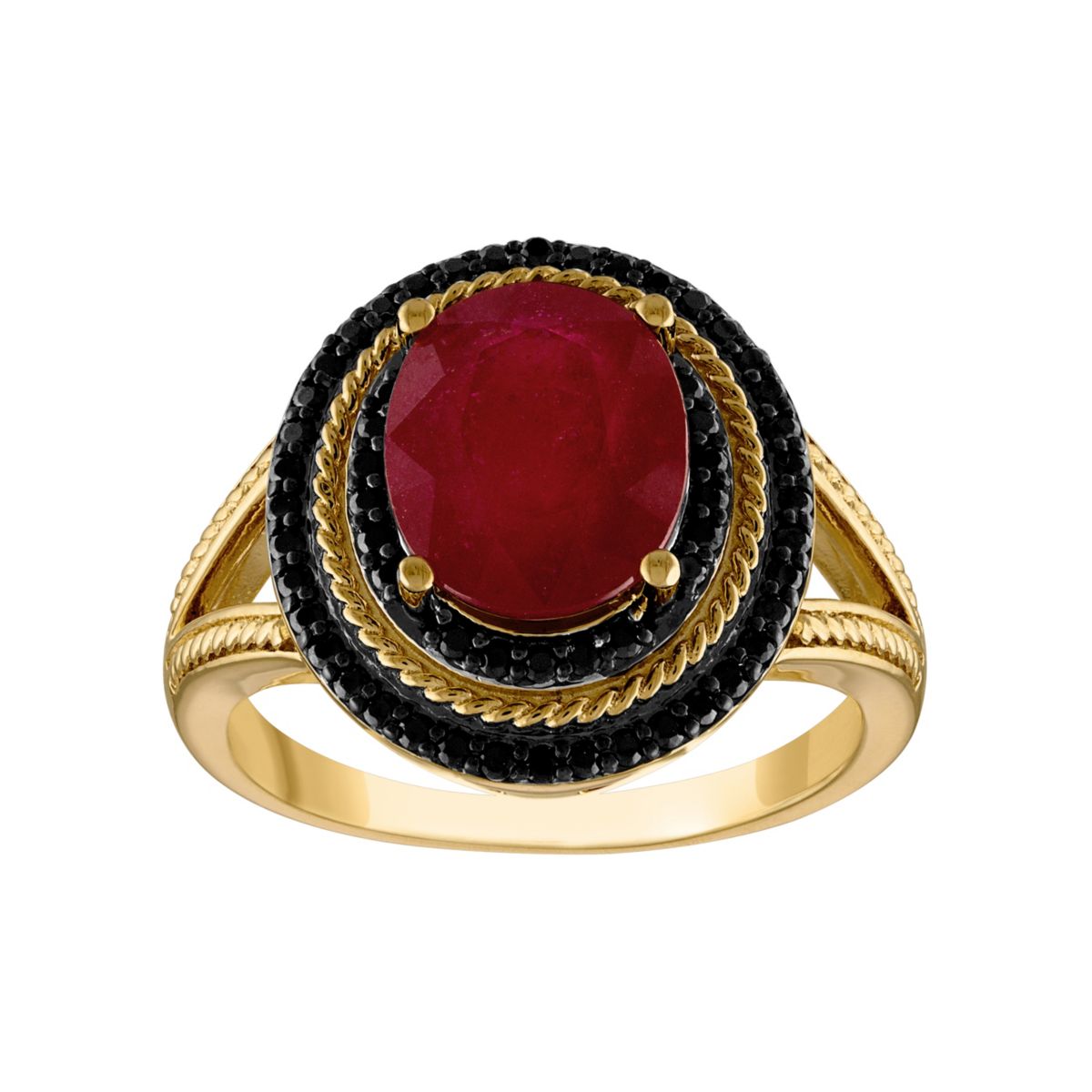 14K Gold Over Silver Ruby And Black Spinel Ring