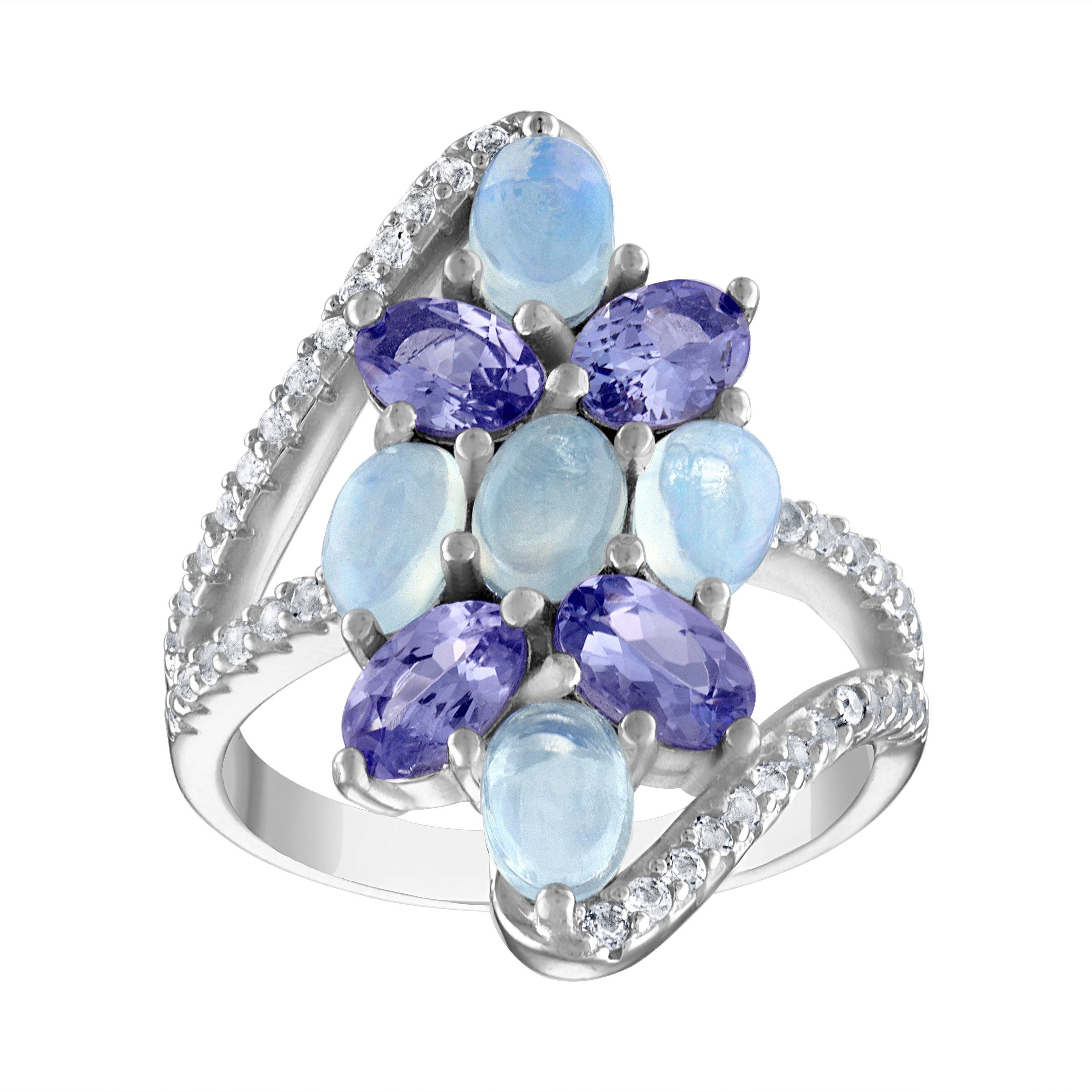 Sterling Silver Opal, Tanzanite, And Created White Sapphire Ring